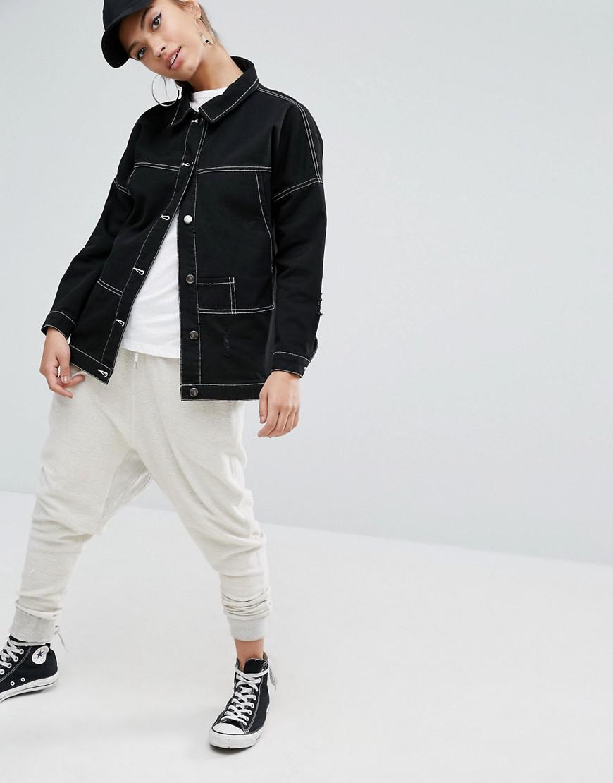 Black Denim Jacket White Stitching Mens 