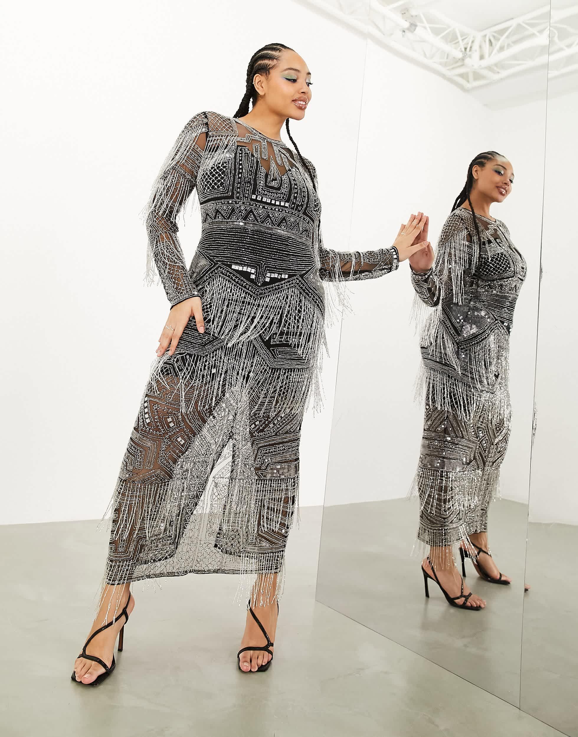 ASOS Curve Beaded Fringe And Sequin Bodycon Midi Dress in Black