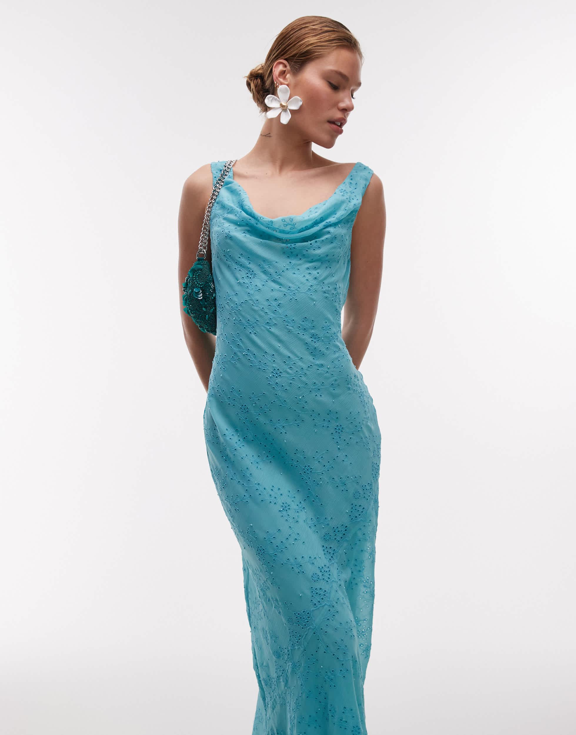 TOPSHOP Premium Double Layered Cowl Slip With Beading And Broderie in Blue  | Lyst
