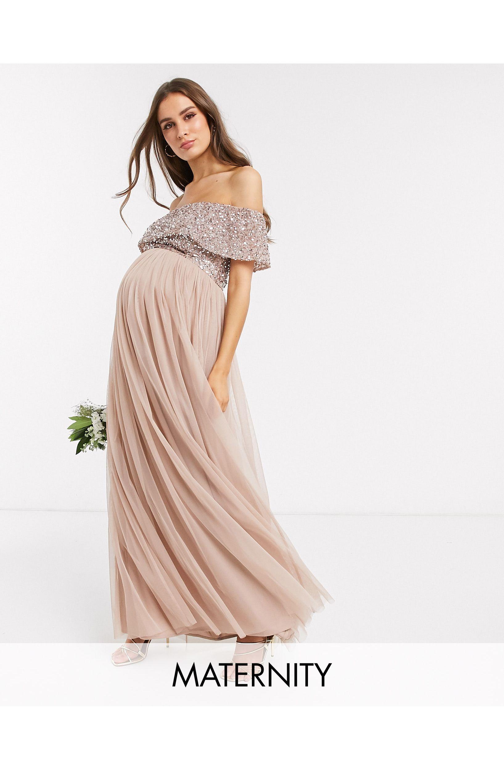 Maya Maternity Bridesmaid Bardot Maxi Tulle Dress With Tonal Delicate  Sequins | Lyst