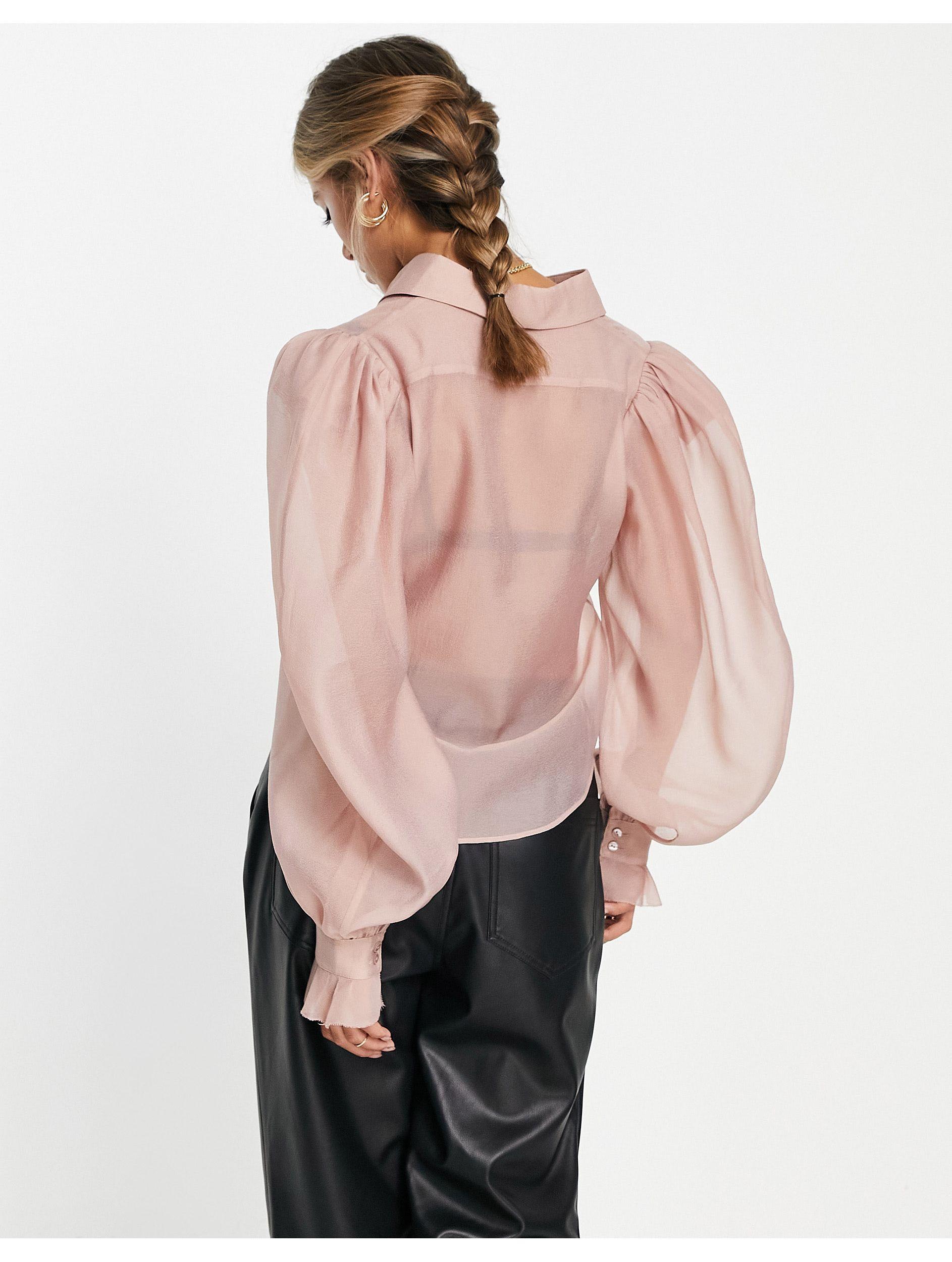 & Other Stories Frill Detail Blouse With Volume Sleeves in Natural