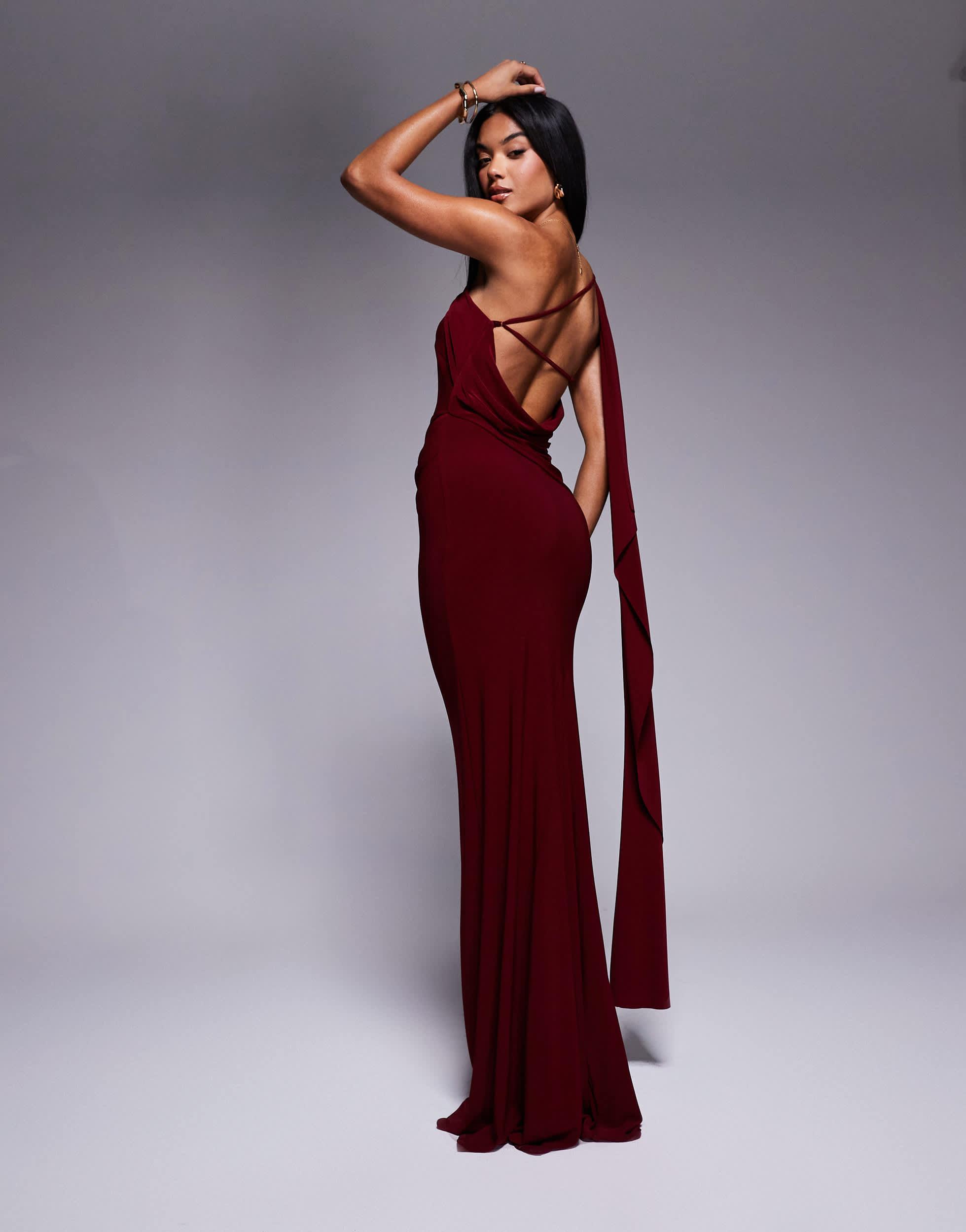 red one shoulder drape dress Red One Shoulder Drape Detail Chiffon Evening Dress