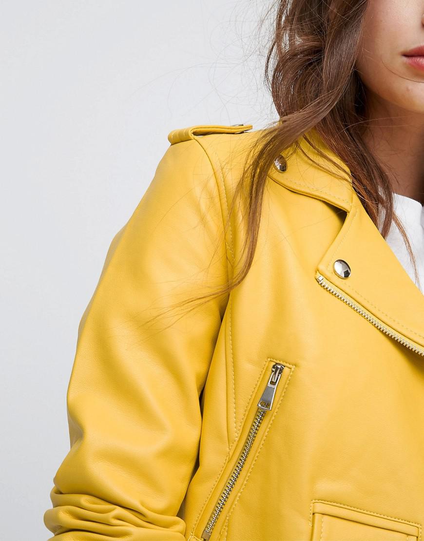 Bershka Leather Look Biker Jacket in Yellow - Lyst