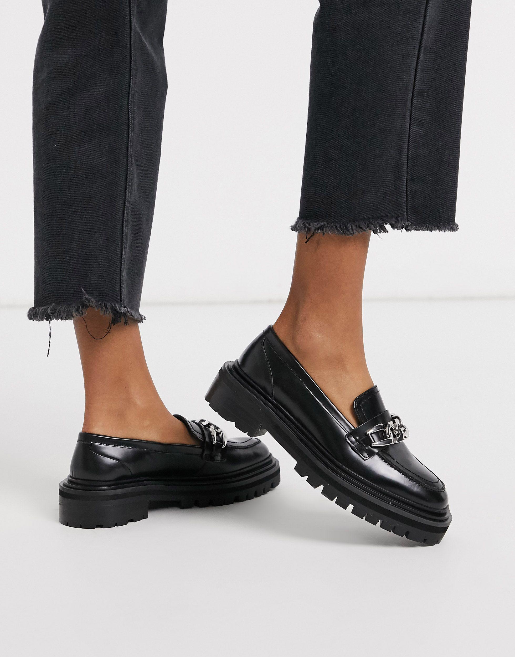 ASOS Mystery Premium Leather Chunky Flat Shoes With Chain in Black | Lyst