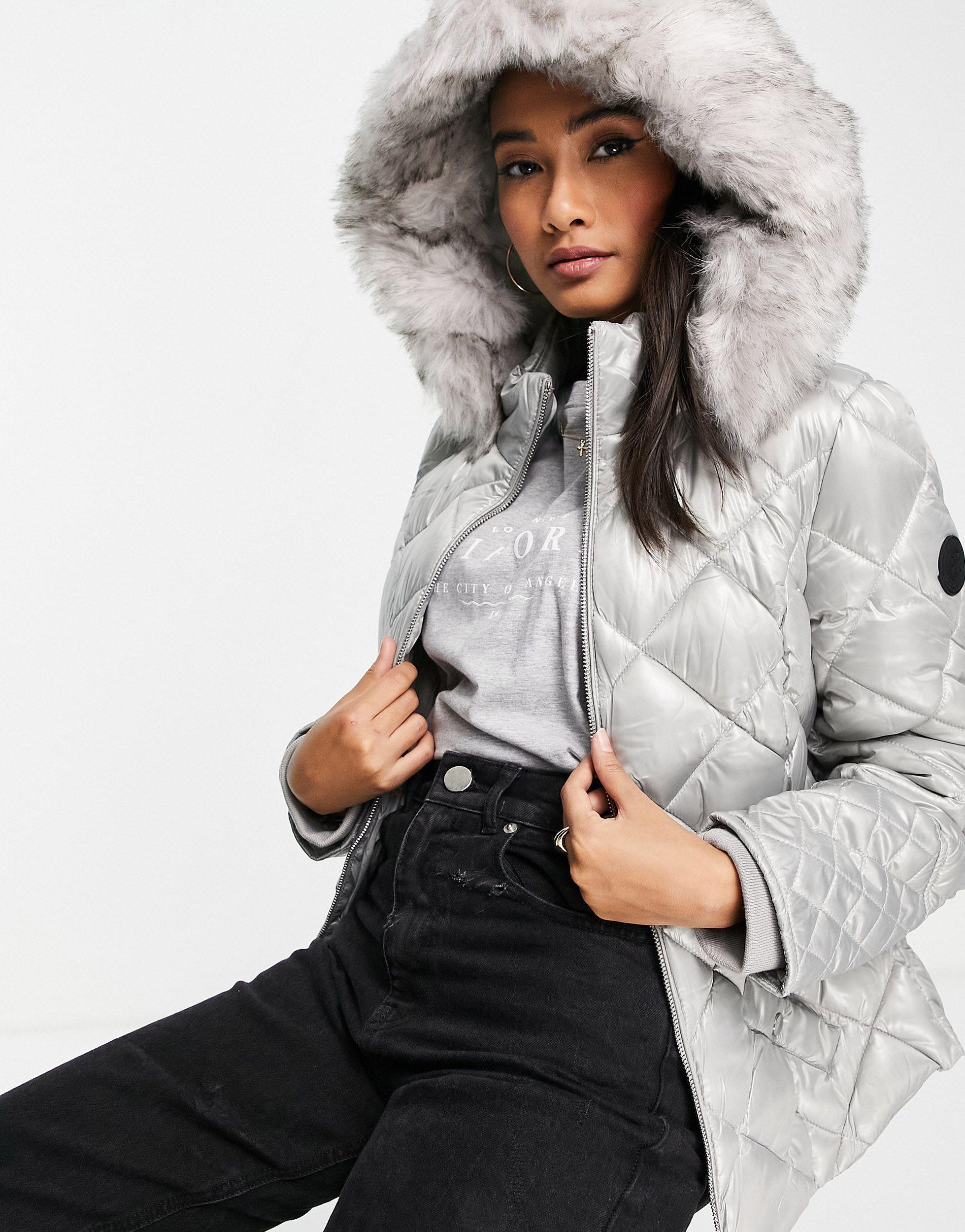 river island longline padded belted coat with faux fur hood in black
