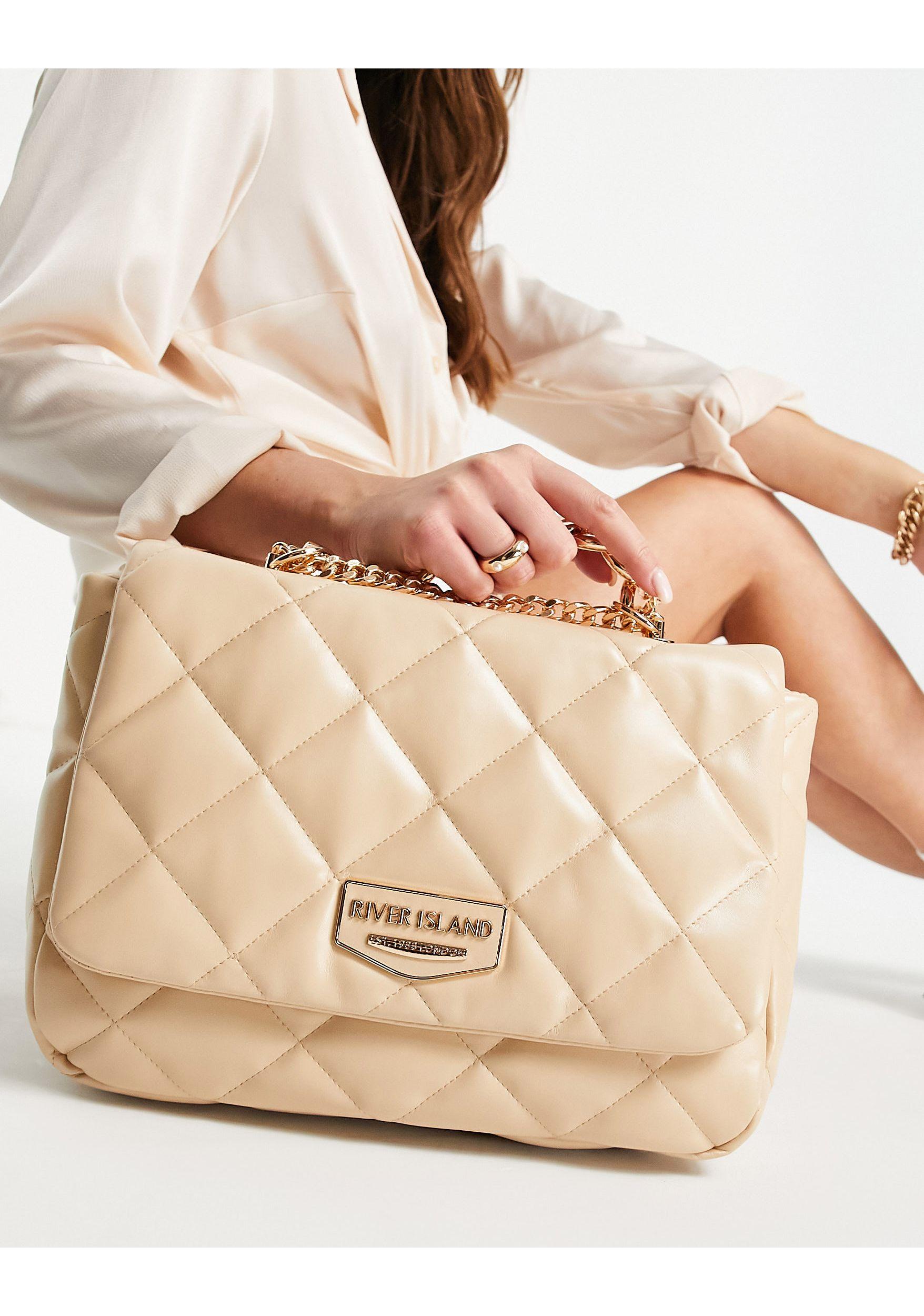 River Island Faux Leather Quilted Chain Shoulder Bag in White | Lyst