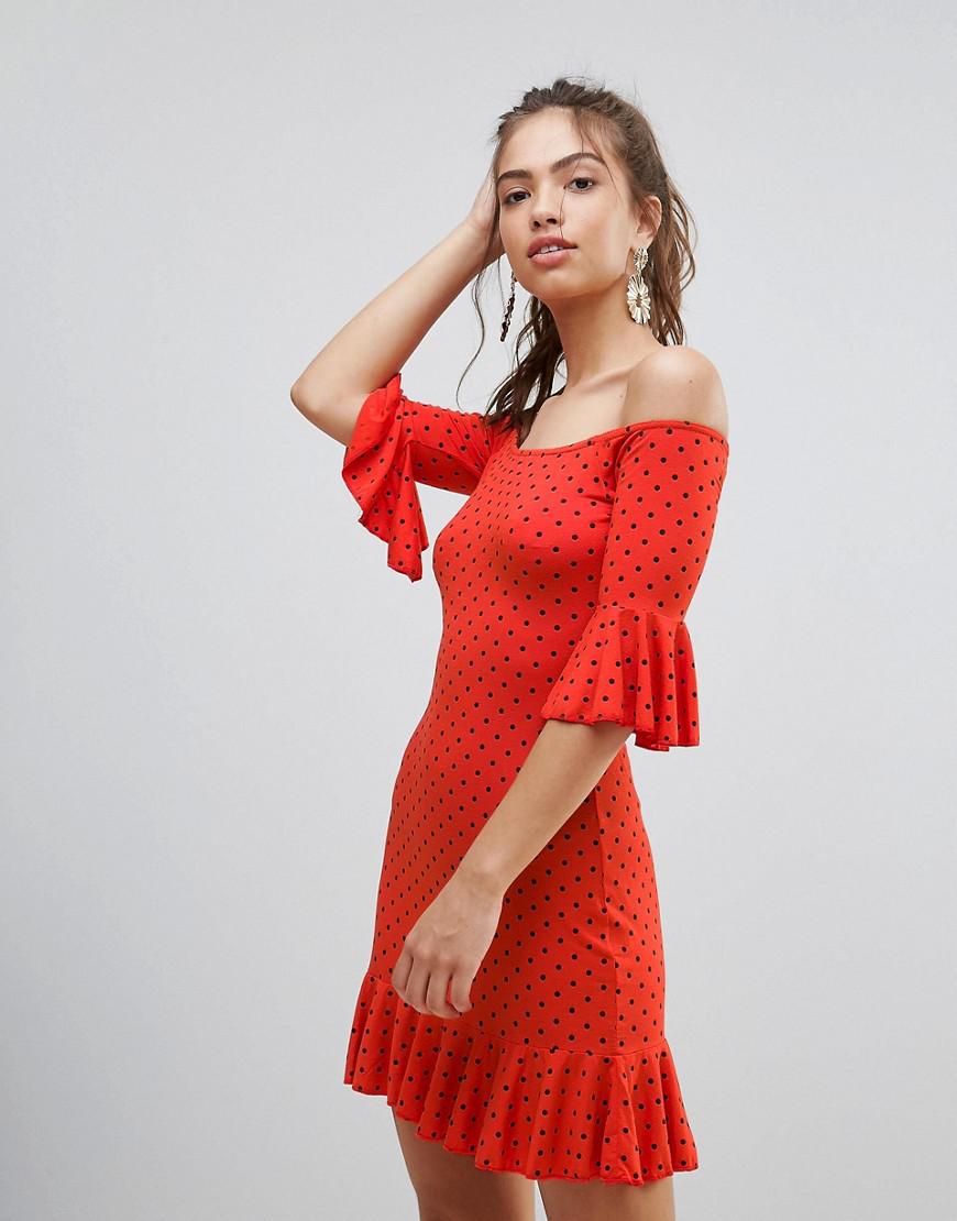 Lyst - Daisy Street Polka Dot Off The Shoulder Dress With Frill Trim in Red