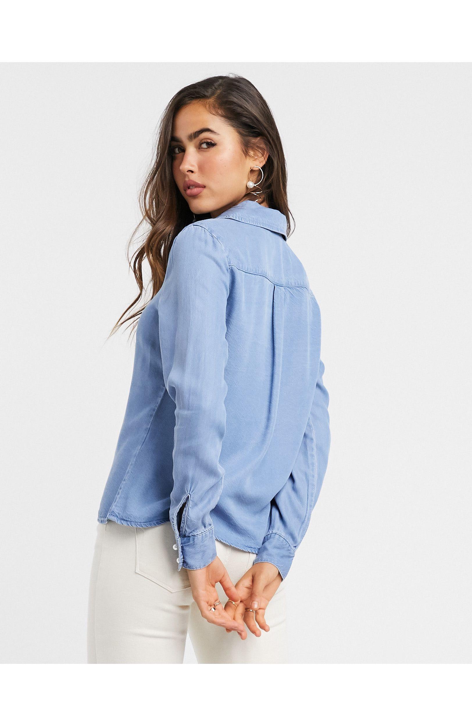 fætter Moralsk Slid Vero Moda Denim Shirt With Oversized Collar And Pearl Buttons in Blue | Lyst