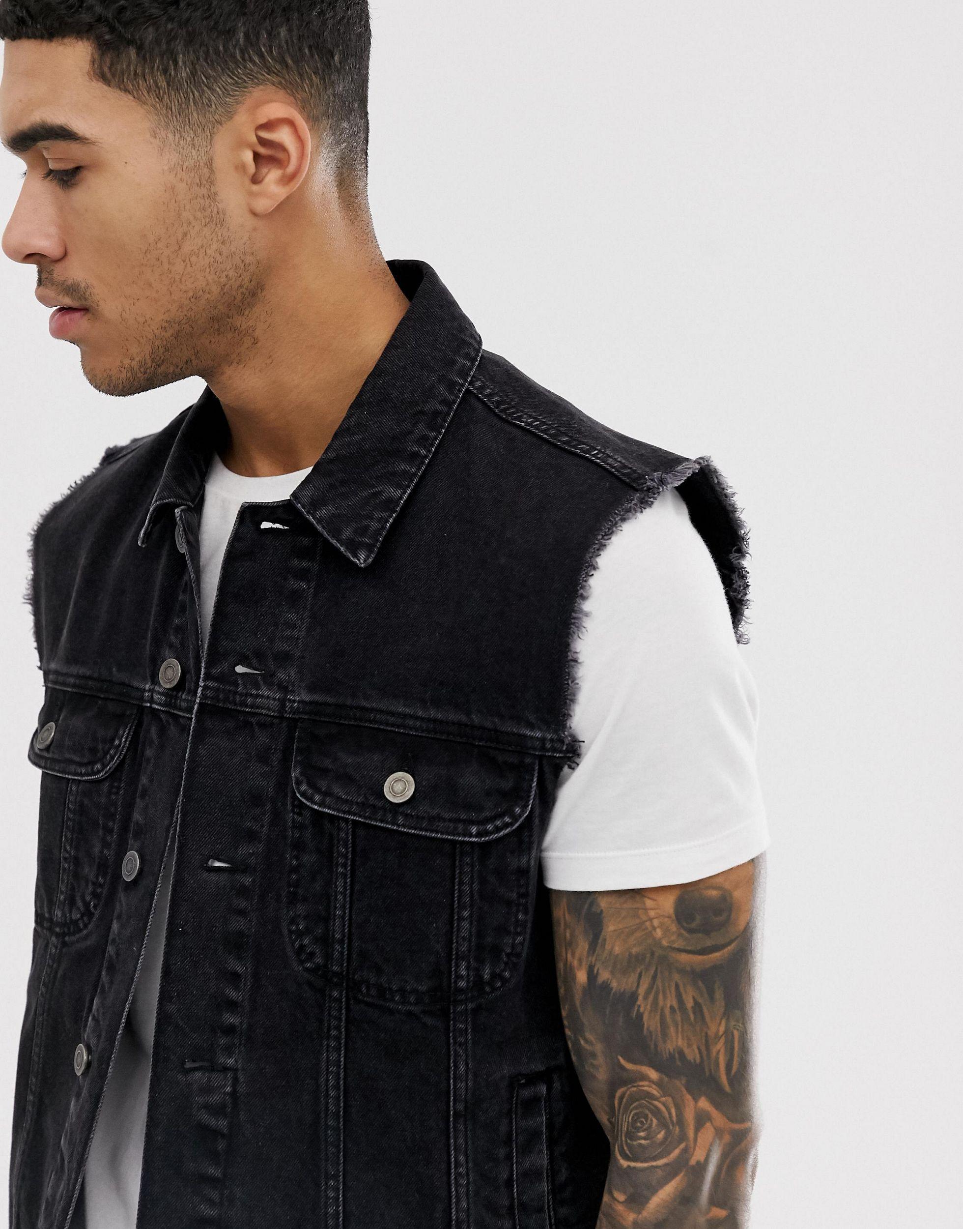 ASOS Sleeveless Denim Vest Jacket in Black for Men | Lyst UK