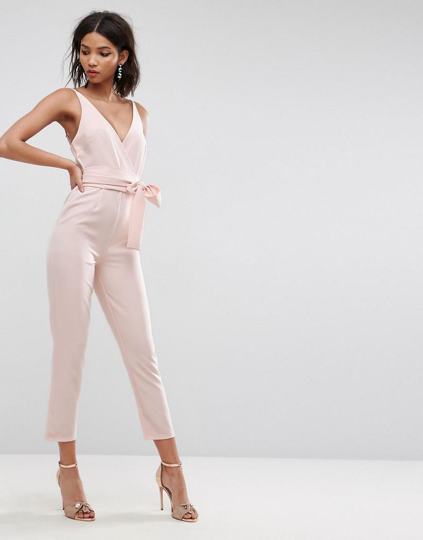 ASOS Wrap Front Jumpsuit With Peg Leg And Self Belt in Pink - Lyst