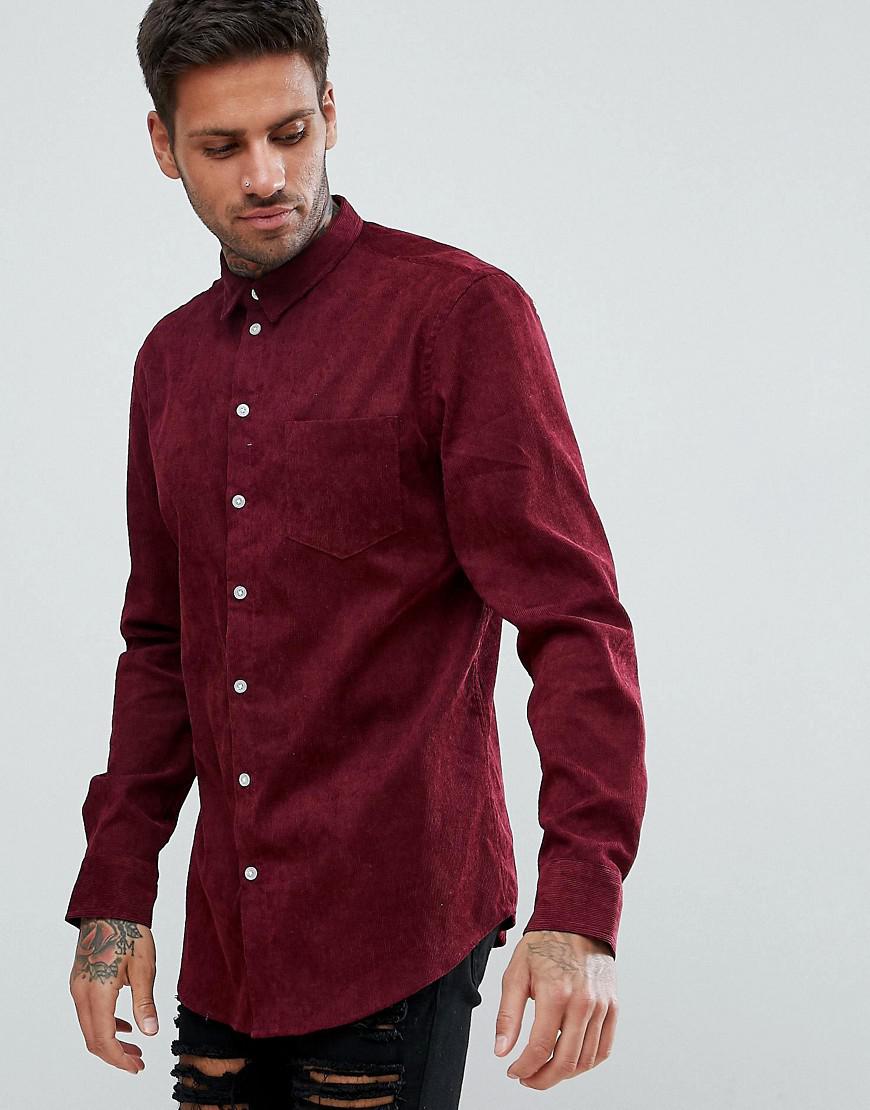 Boohoo Corduroy Shirt In Burgundy in 