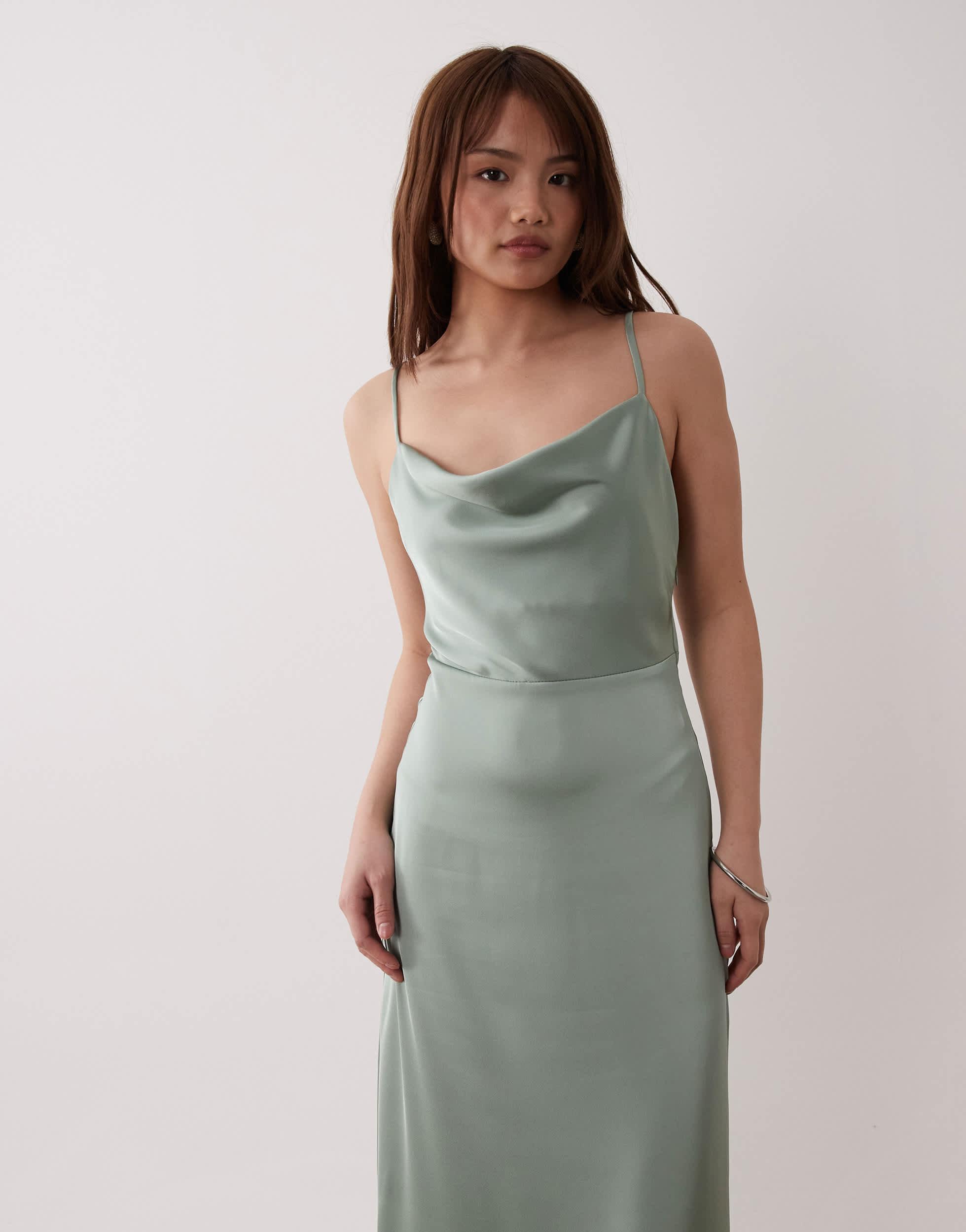 vila green dress Vila Long Sleeve V-Neck Midi Dress in dark Green
