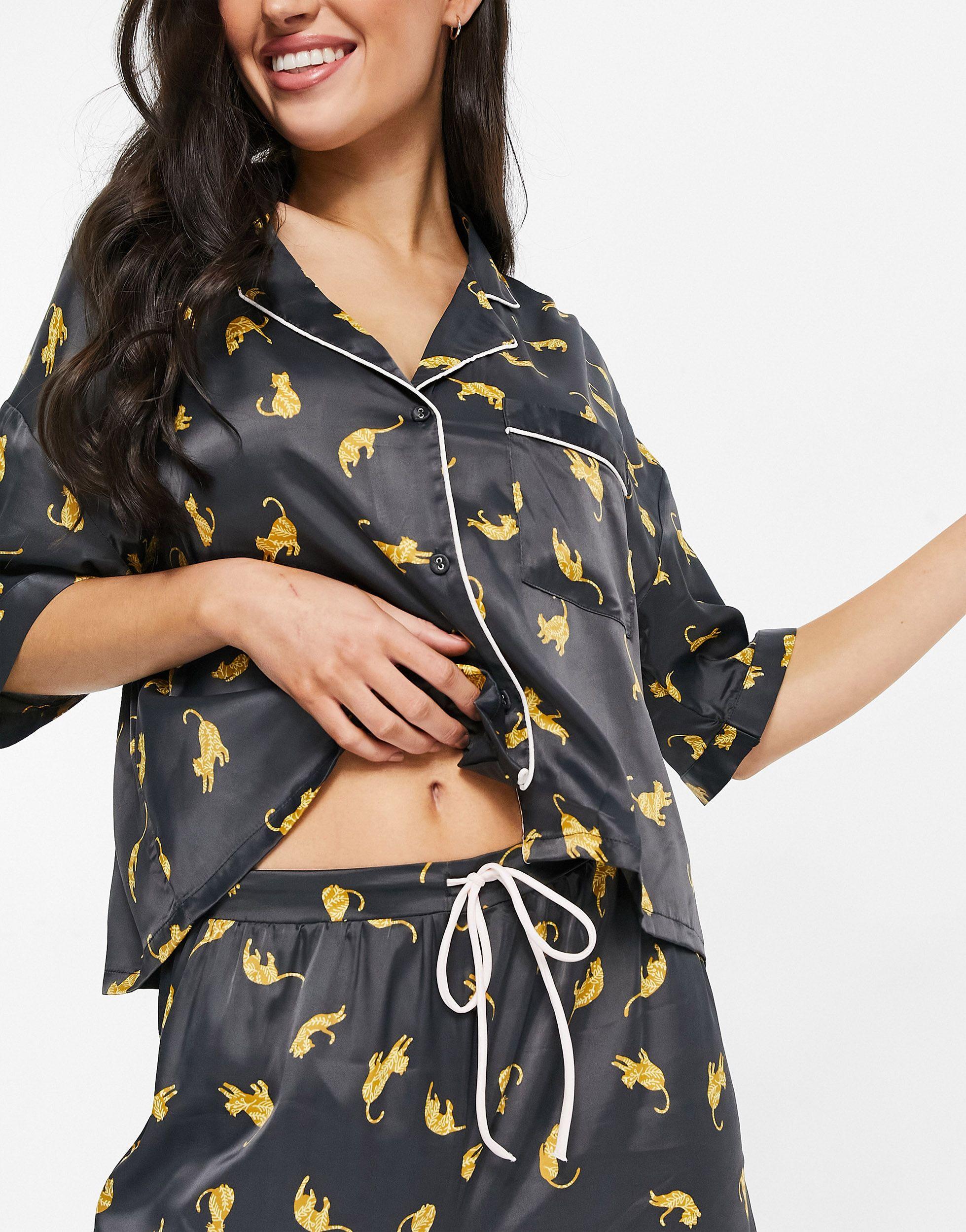 TOPSHOP Cat Print Satin Pyjama Set in Black | Lyst