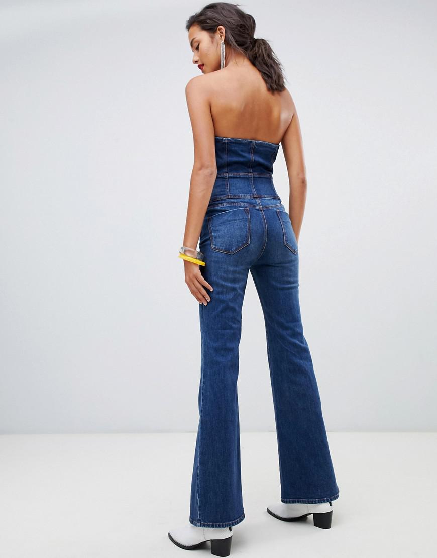 Almachtig spleet constante Miss Sixty Crop Flare Strapless Denim Jumpsuit in Blue | Lyst