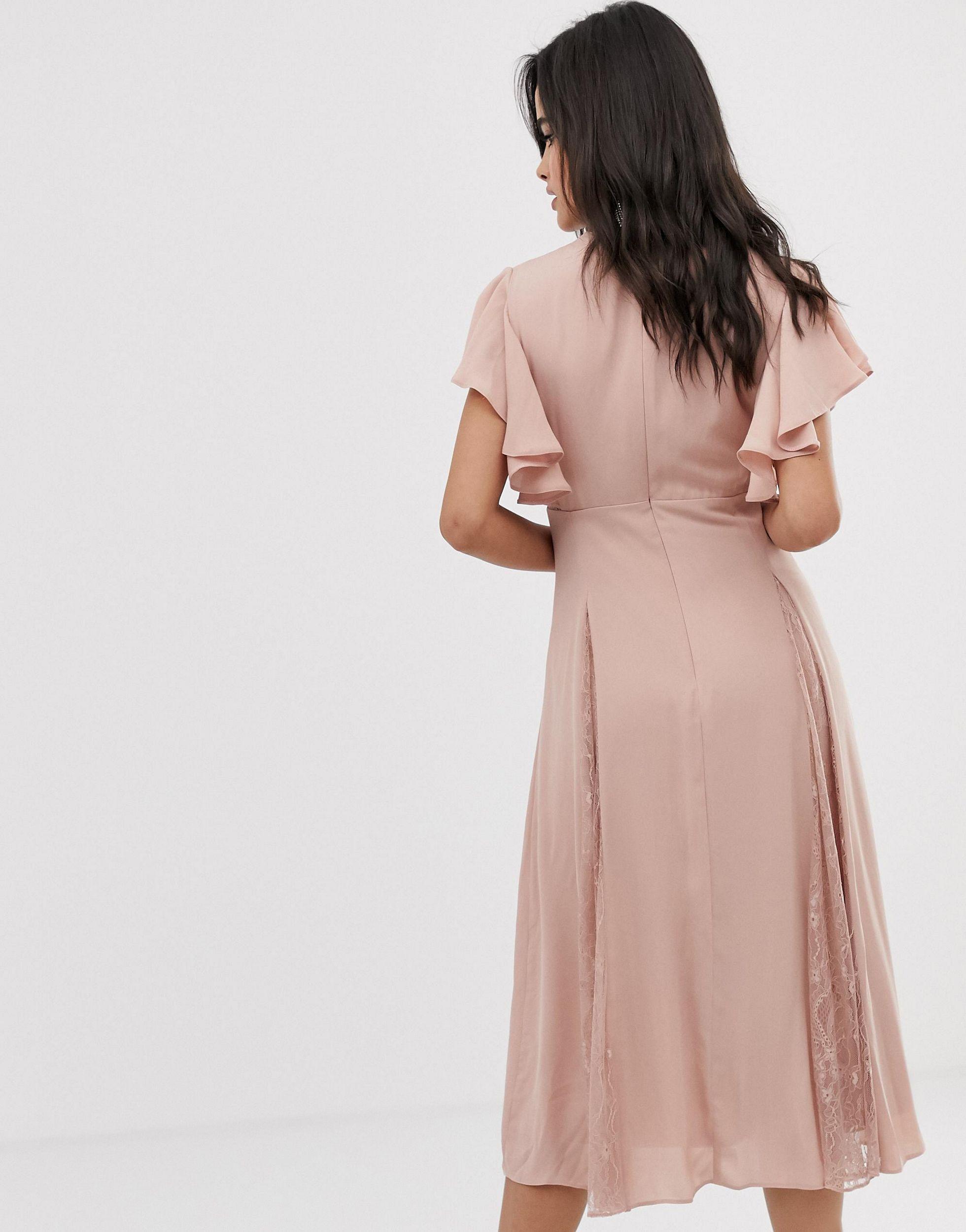 ASOS Midi Dress With Lace Godet Panels in Pink - Lyst