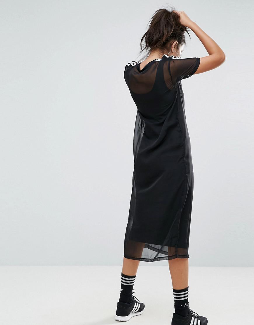 adidas Originals Cotton Originals Black Midi Dress With Sheer Mesh Overlay  | Lyst