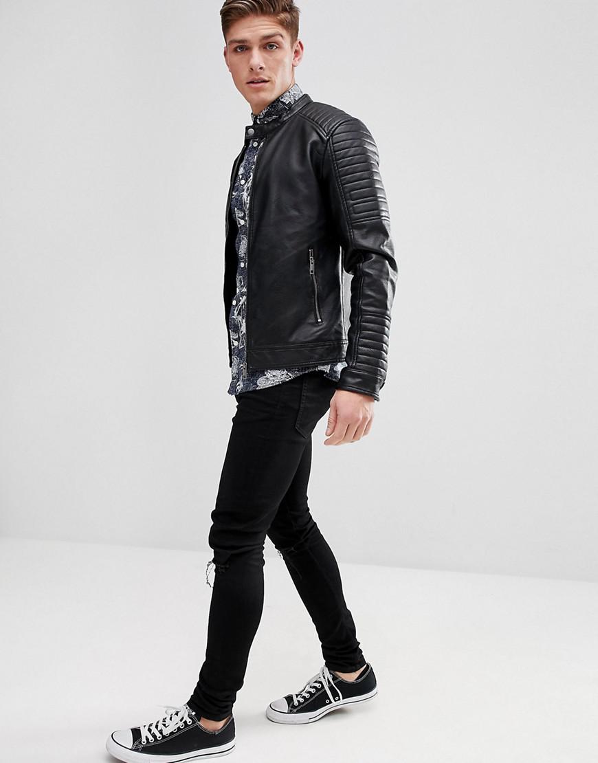 Men S Black Core Faux Leather Racer Jacket