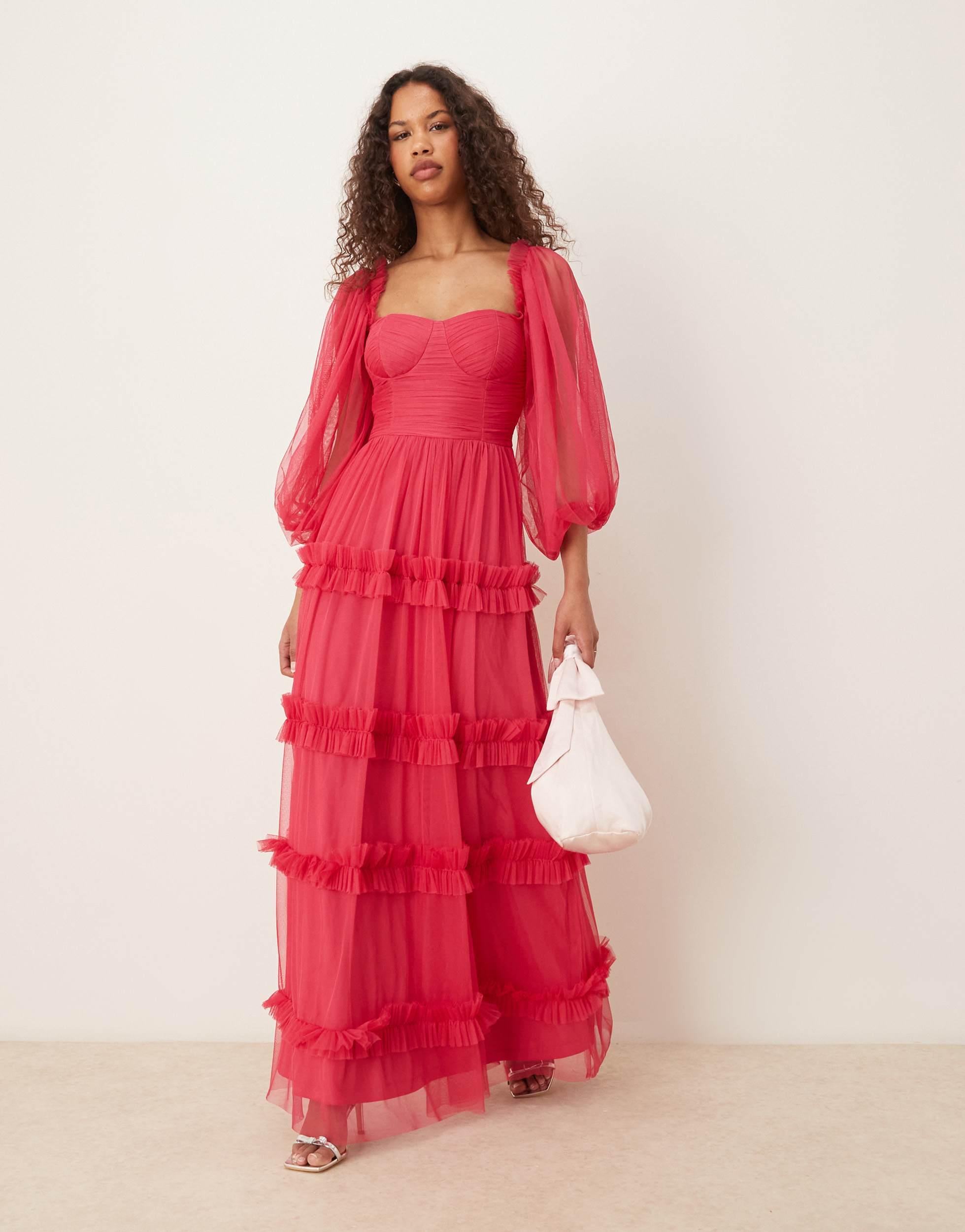 corset balloon dress Bordeaux Sweetheart Neck Balloon Sleeve Illusion Corset Peplum Crystal Annabella Bridal