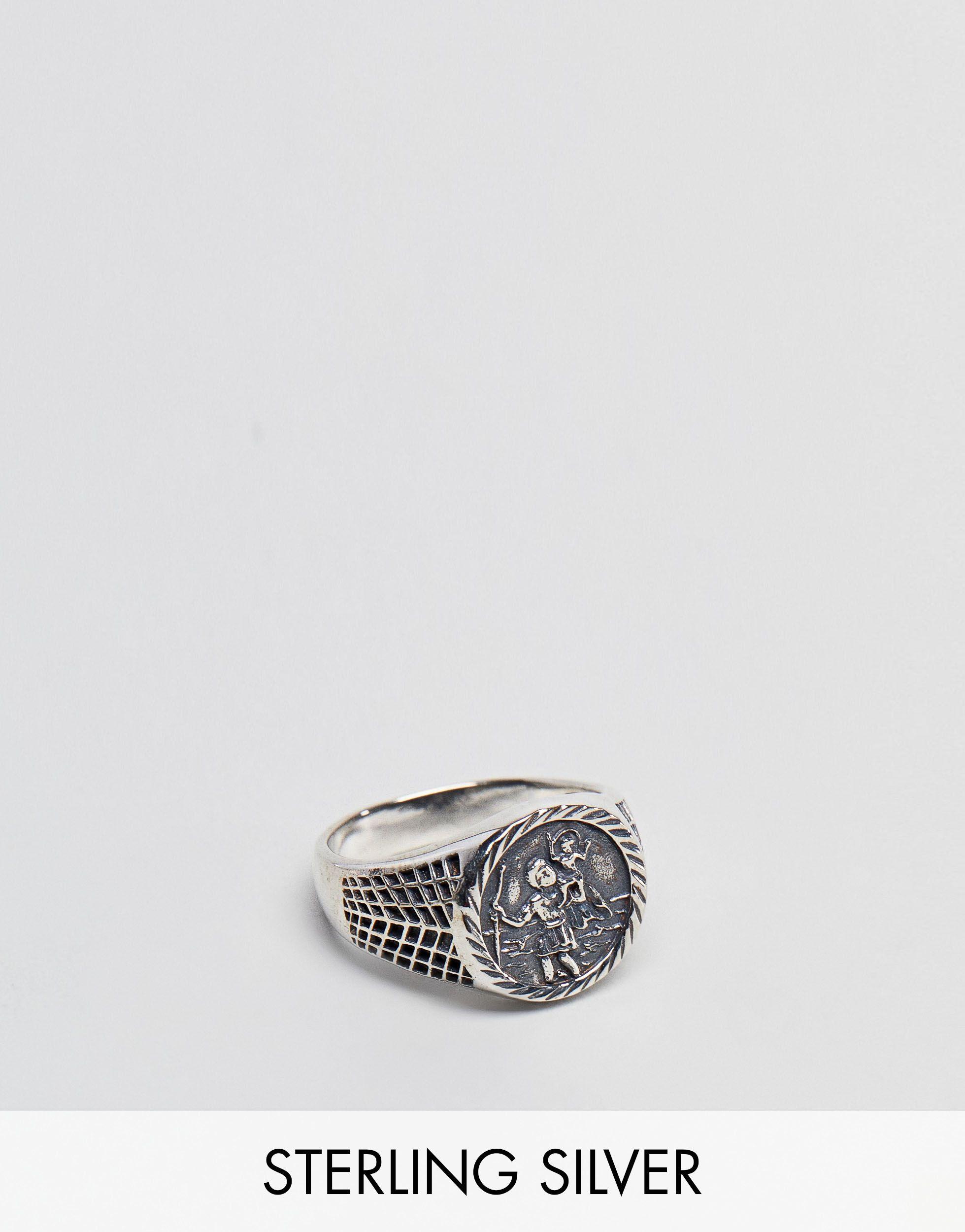 ASOS Denim Sterling Silver Sovereign Ring With St Christopher Design in ...