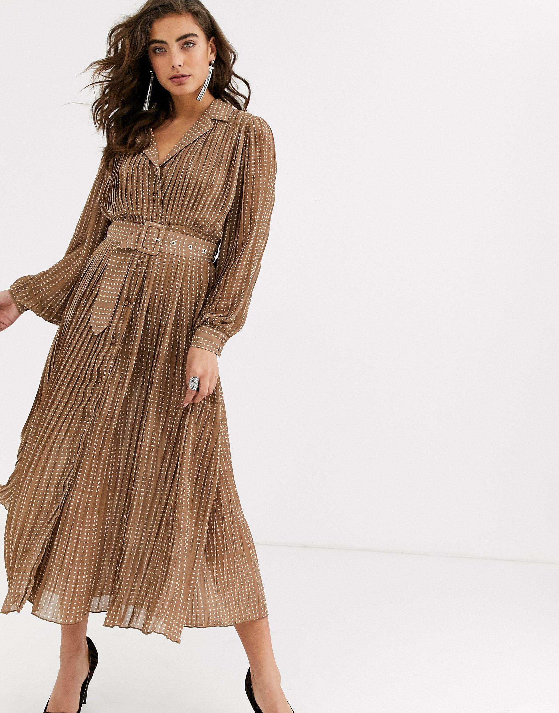 Object Polka Dot Pleated Maxi Dress With Self Belt-black in Brown | Lyst
