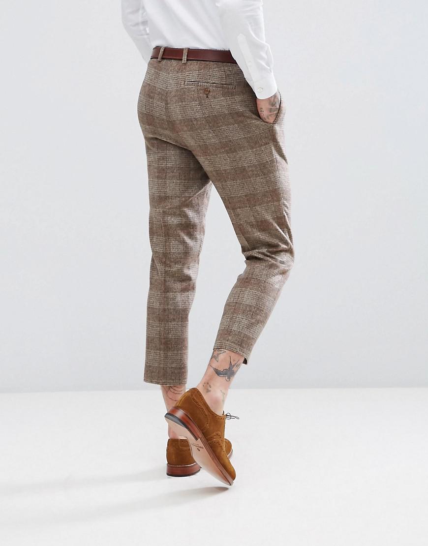 ASOS Wedding Tapered Suit Pants In Camel Wool Mix Tartan Check in Beige