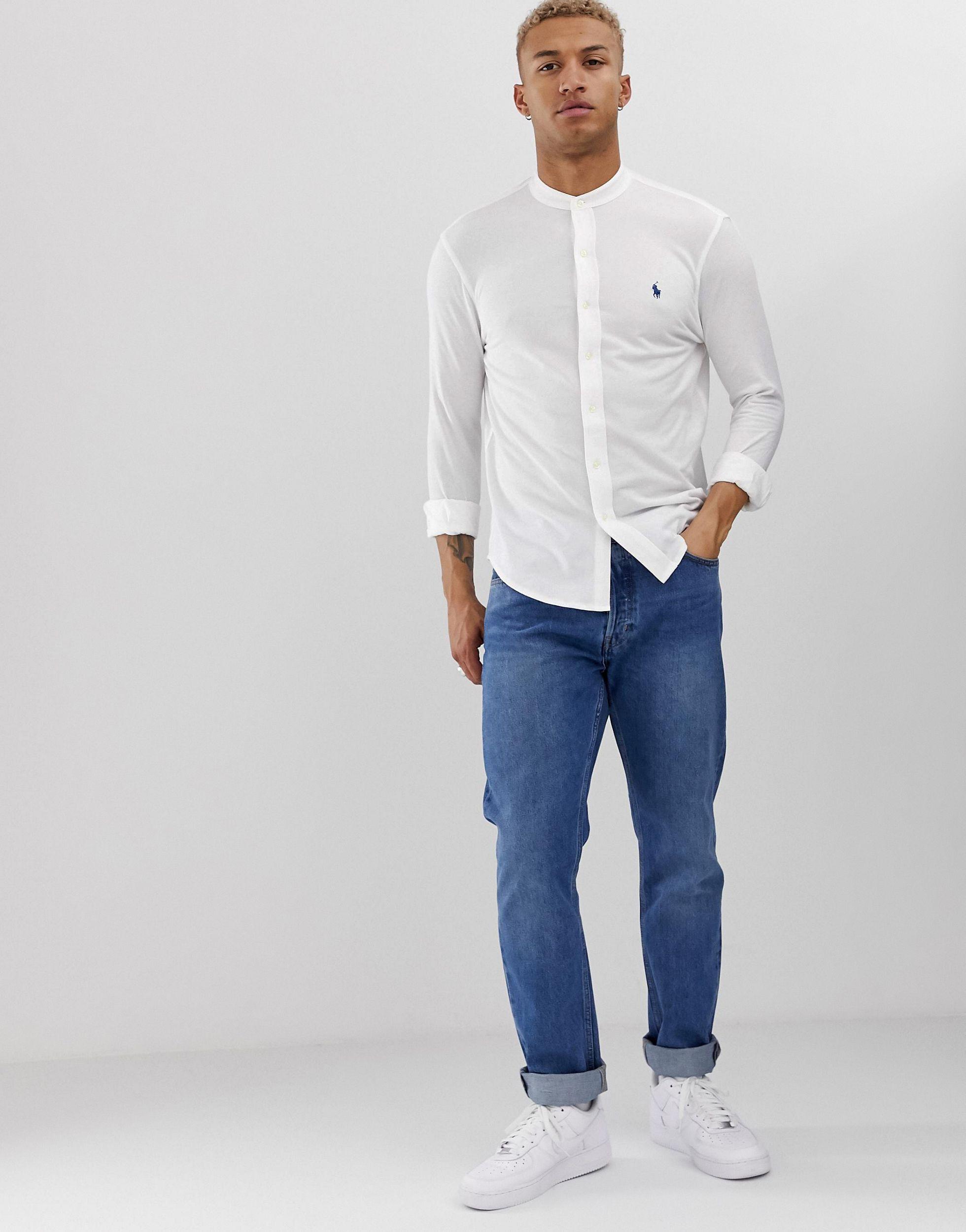 Polo Ralph Lauren Player Logo Grandad Collar Pique Shirt Slim Fit in White  for Men | Lyst