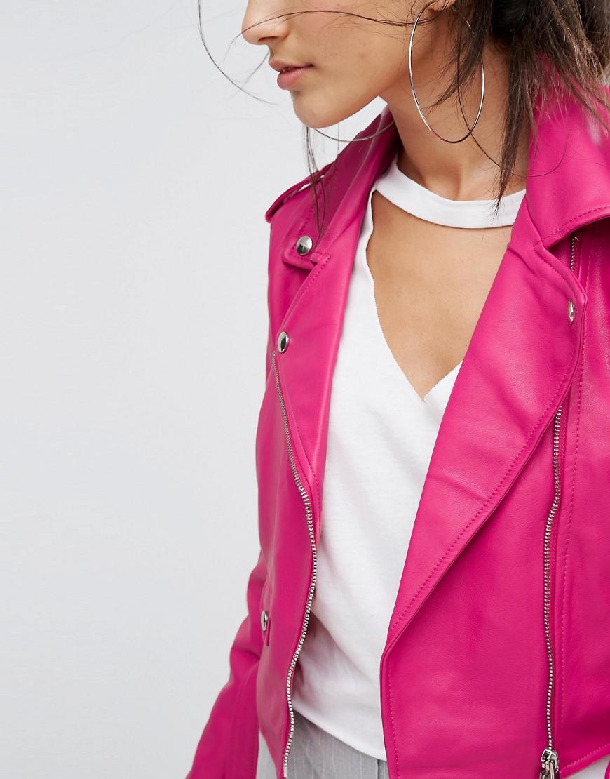 Bershka Leather Look Biker Jacket in Pink - Lyst