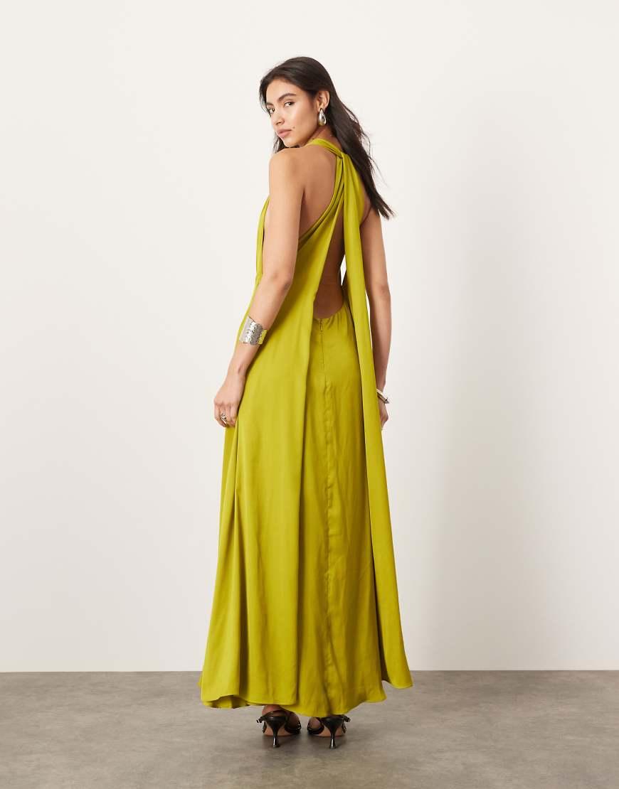 asos edition satin ruched halter neck maxi dress With Pockets Detail in Green category_backless-dresses