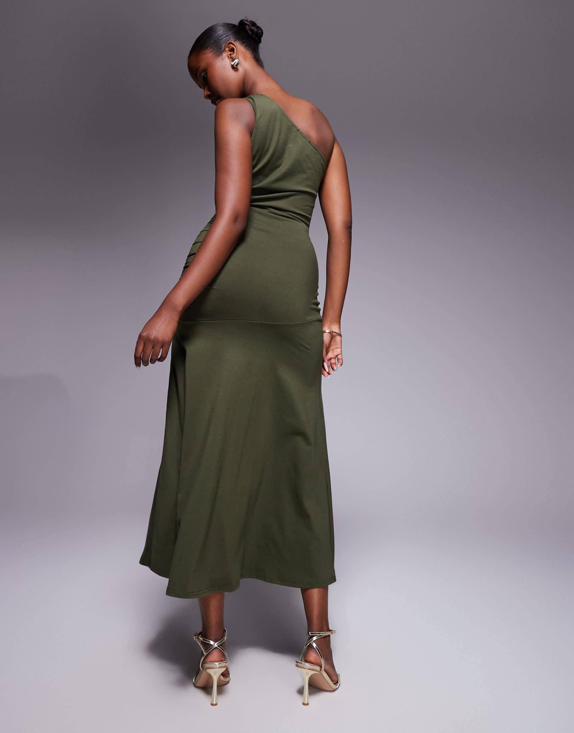 faye ruched one shoulder dress in green TFNC ruched one-shoulder maxi dress in olive green velvet