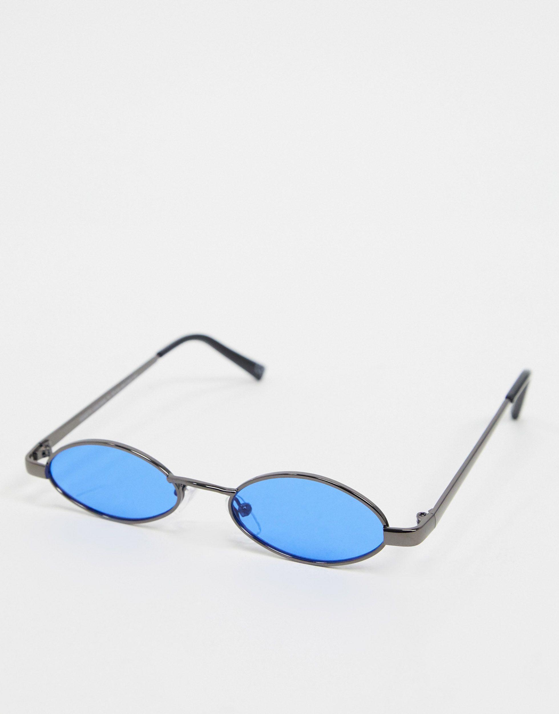 ASOS Mini Oval Sunglasses With Blue Lens in Gray for Men Lyst