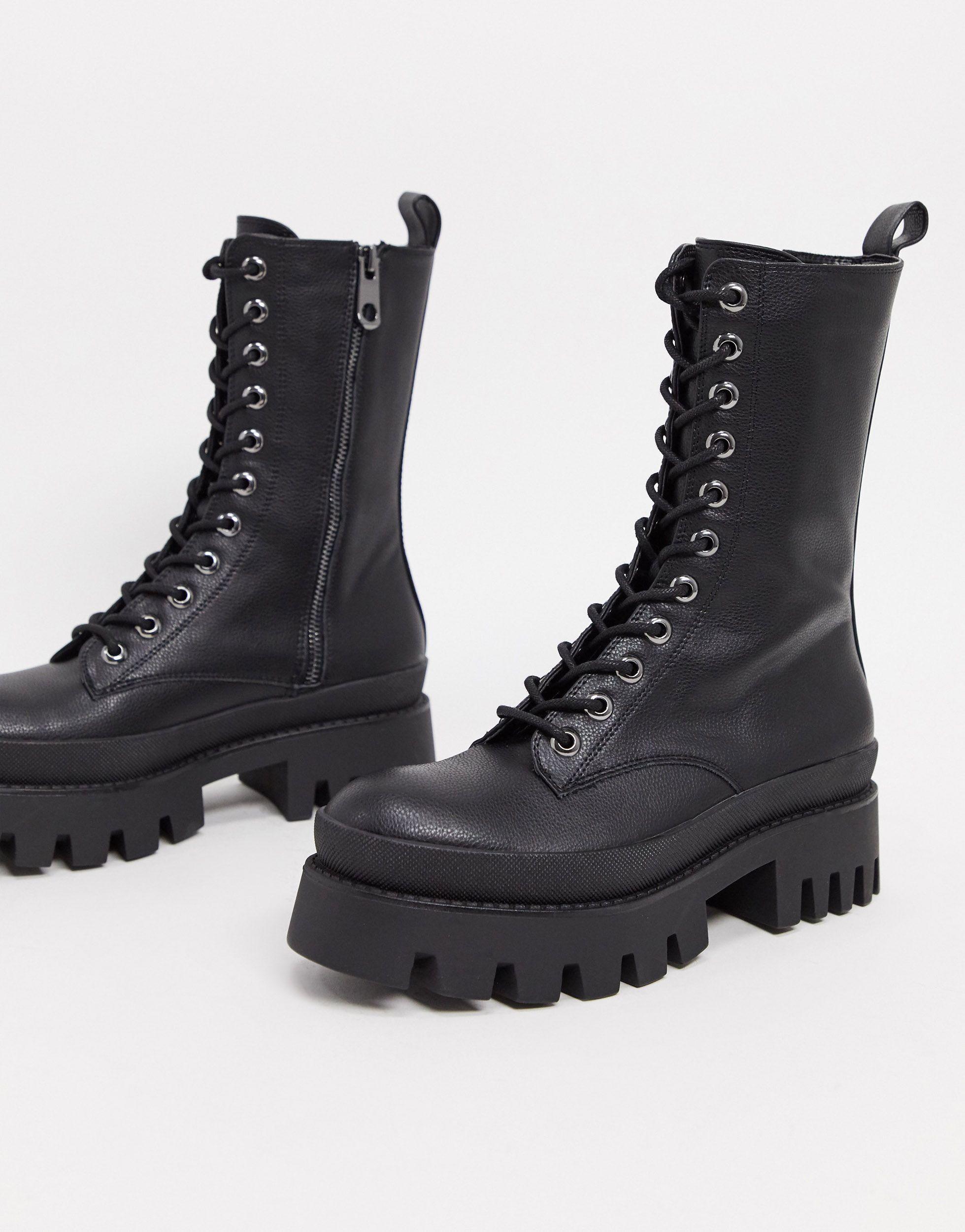 Bershka Lace Up Biker Boot With Sole Detail in Black | Lyst