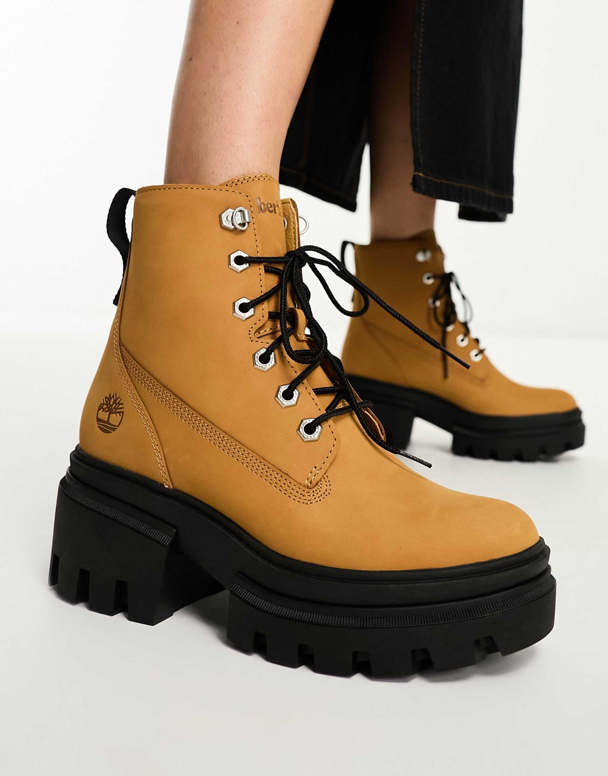 Timberland W'S EVERLEIGH 6IN LACE UP BOOT WHEAT N 国内発送 Timberland Everleigh 6 Inch Lace Up Chunky Boots in Black