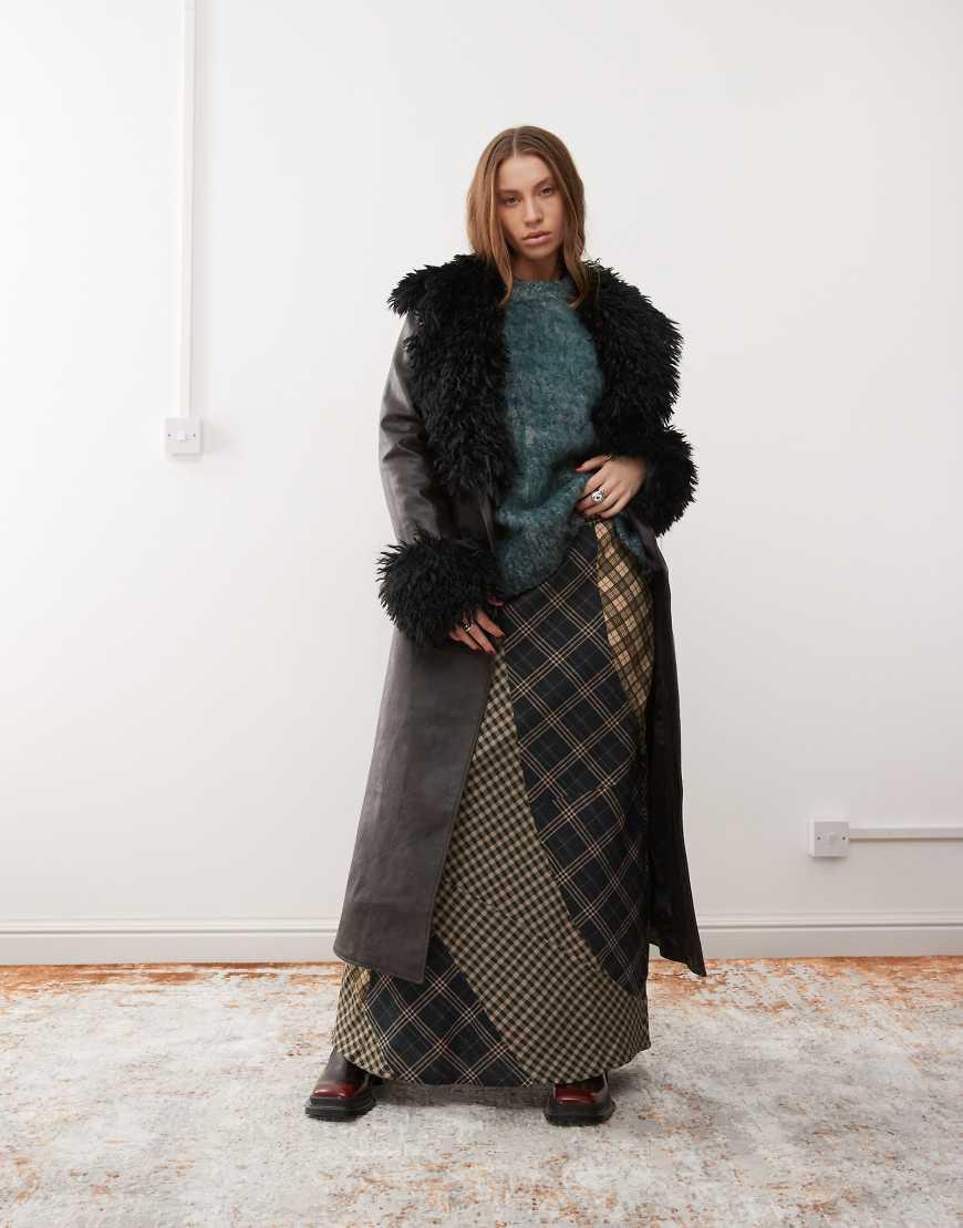 Reclaimed (vintage) Longline Leather Look Trench Coat With Faux