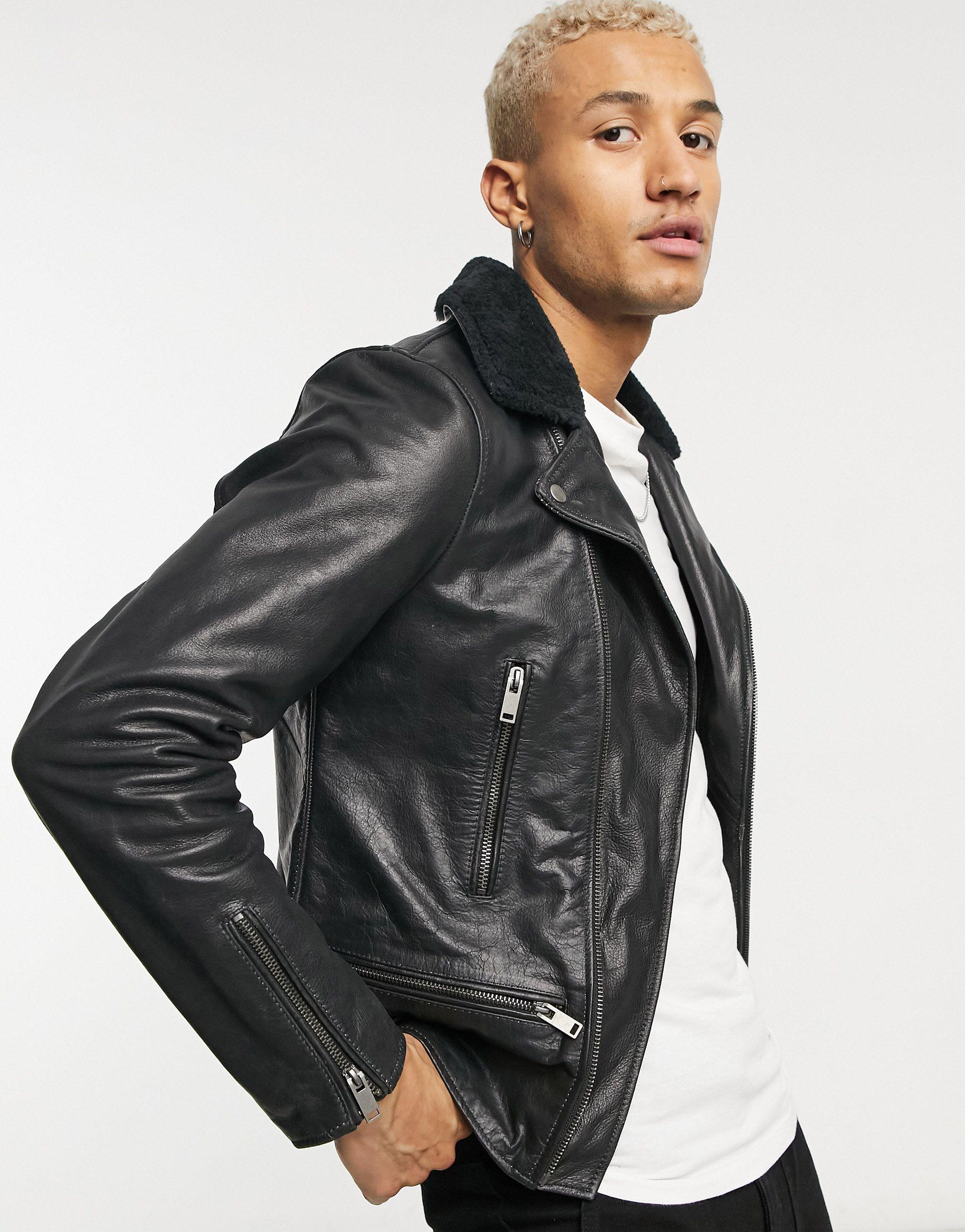 Bolongaro Trevor Crackle Leather Biker Jacket With Shearling Collar in  Black for Men | Lyst