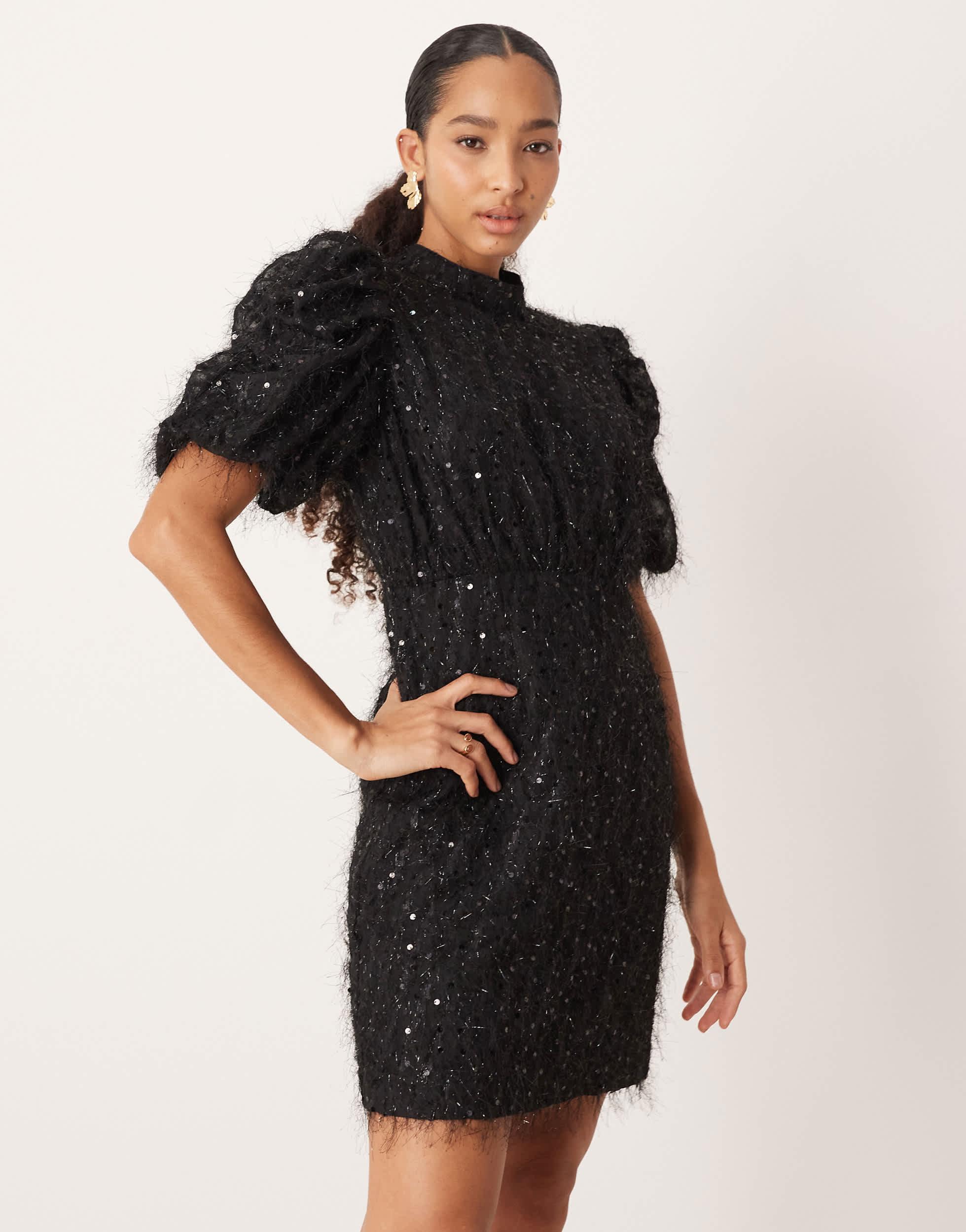 black fluffy mini dress Wrap Mini Dress in Noir main image 1