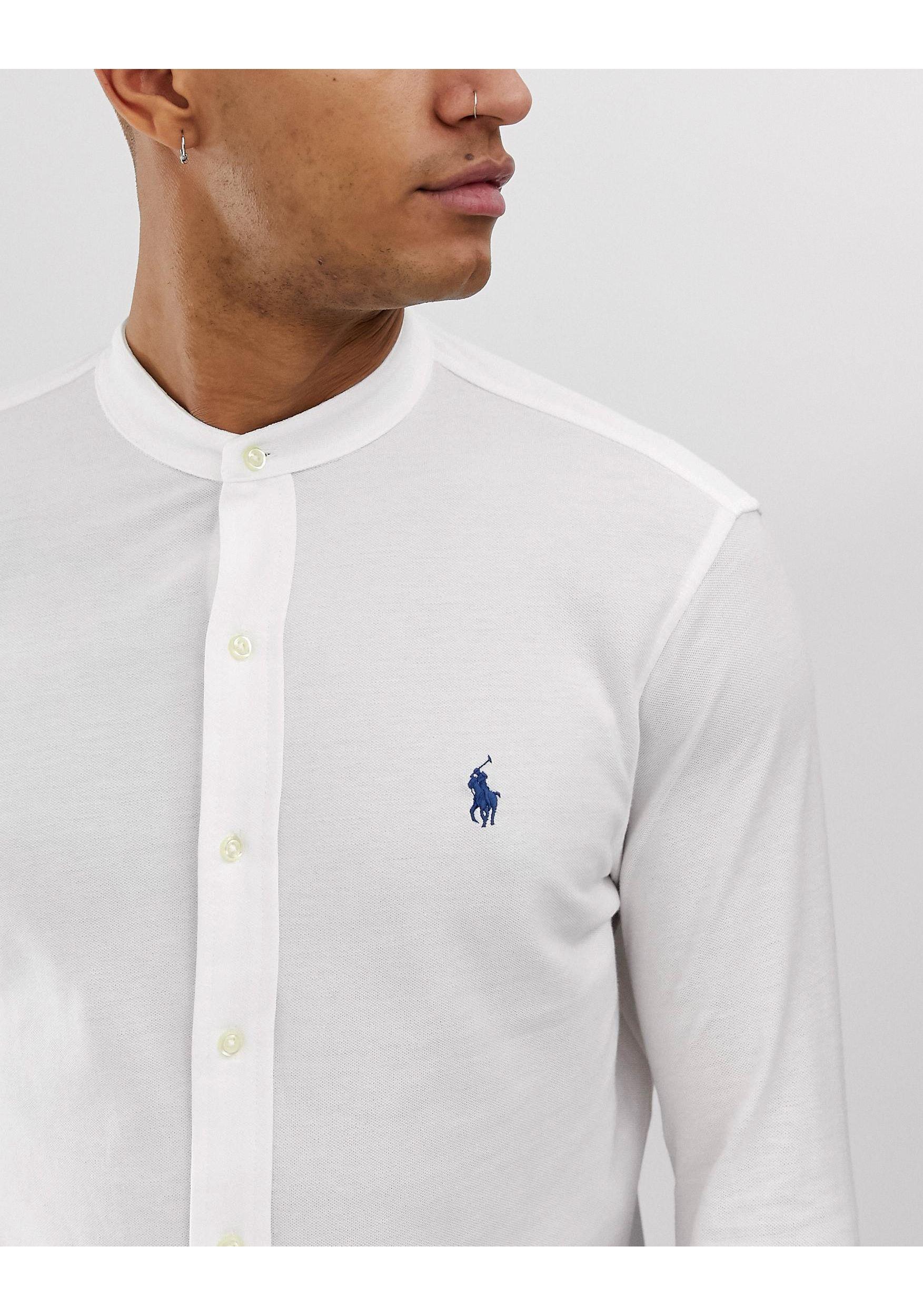 Polo Ralph Lauren Cotton Player Logo Grandad Collar Pique Shirt Slim Fit in  White for Men | Lyst