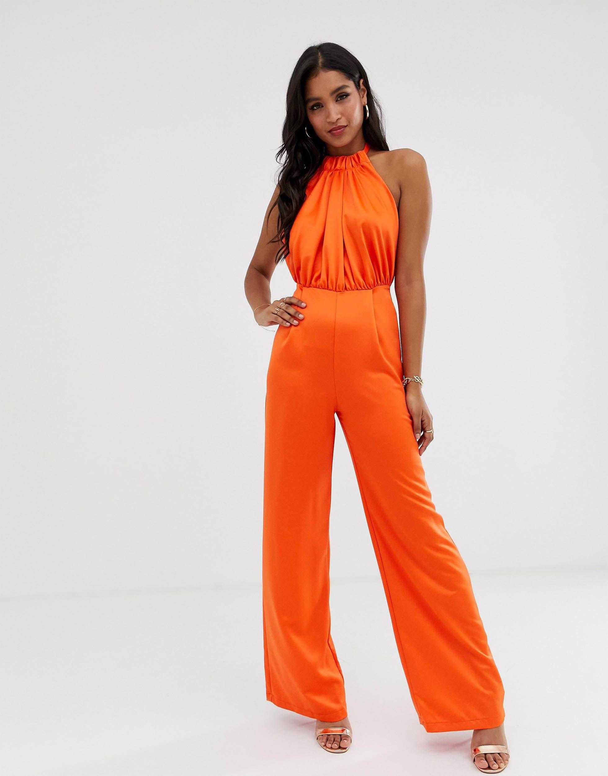 ASOS Satin Halter Open Back Jumpsuit in Orange | Lyst