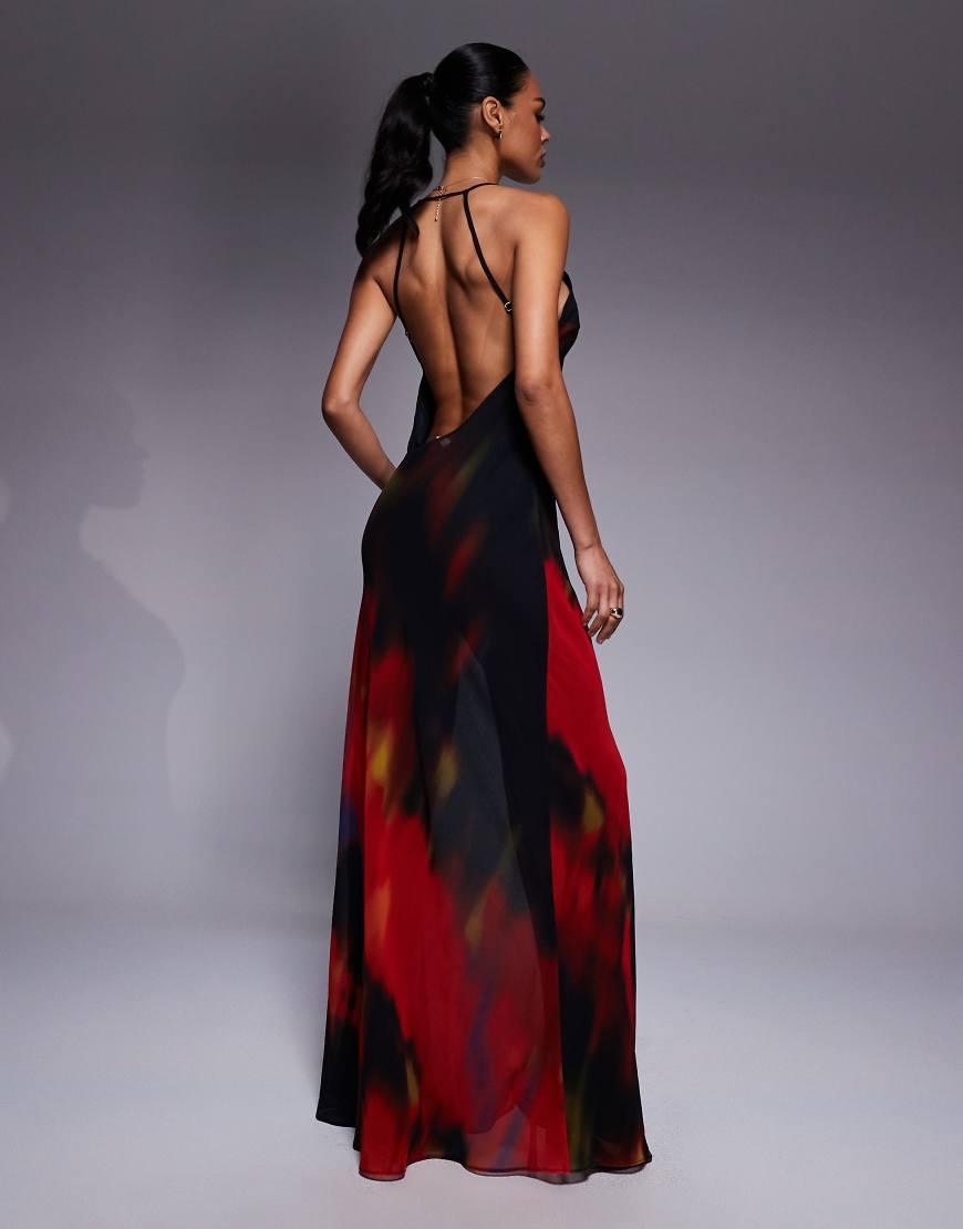 Vestido Largo Rojo Con Estampado Difuminado Y Abertura Hasta El Muslo De  Chifón De -Negro de Oh Polly de color Azul | Lyst, image size:870x1110