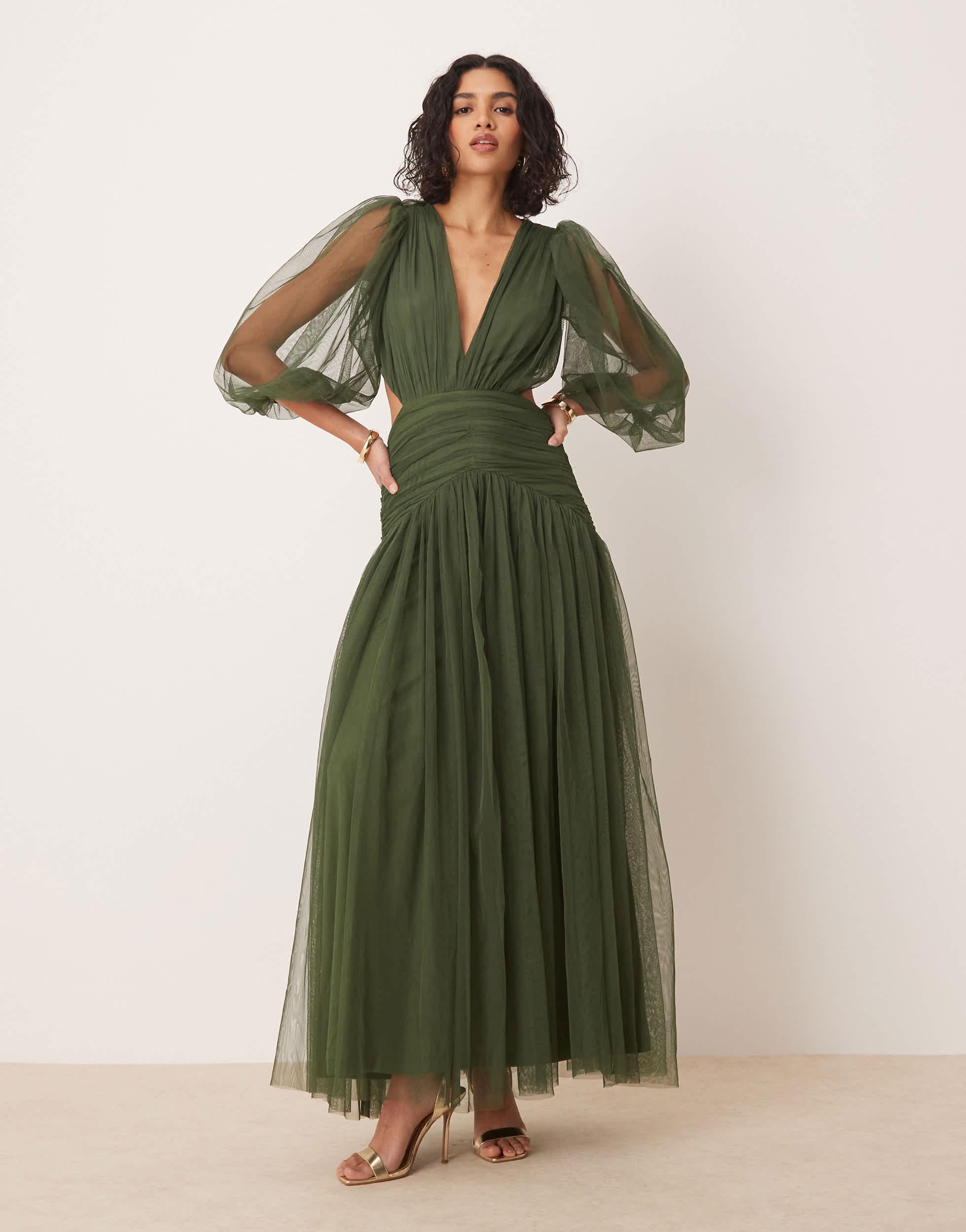 LACE BEADS Plunge Drop Hem Maxi Dress in Green Lyst