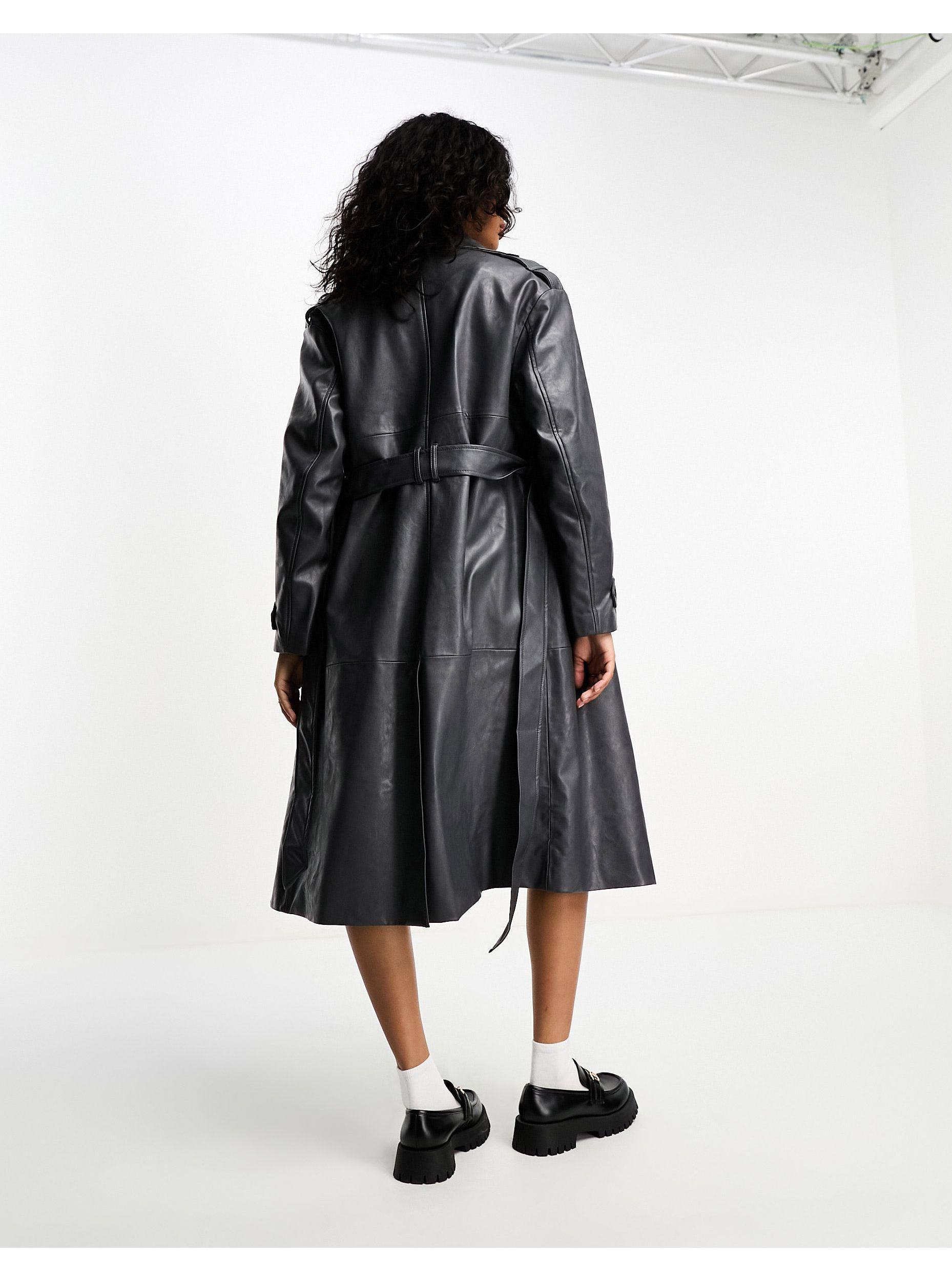 Worn Faux Leather Trench Coat