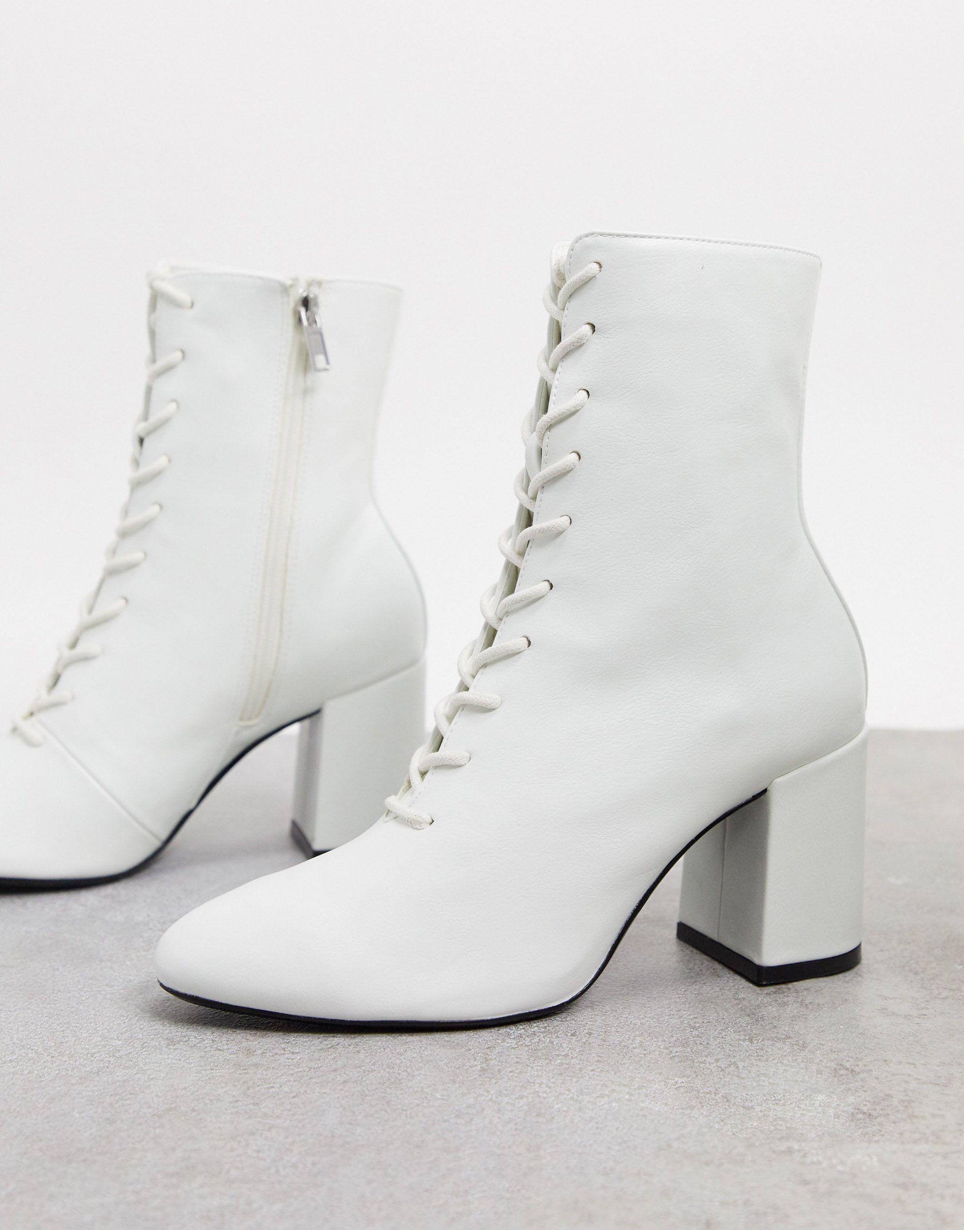 Bershka Lace Up Heeled Boot in White | Lyst