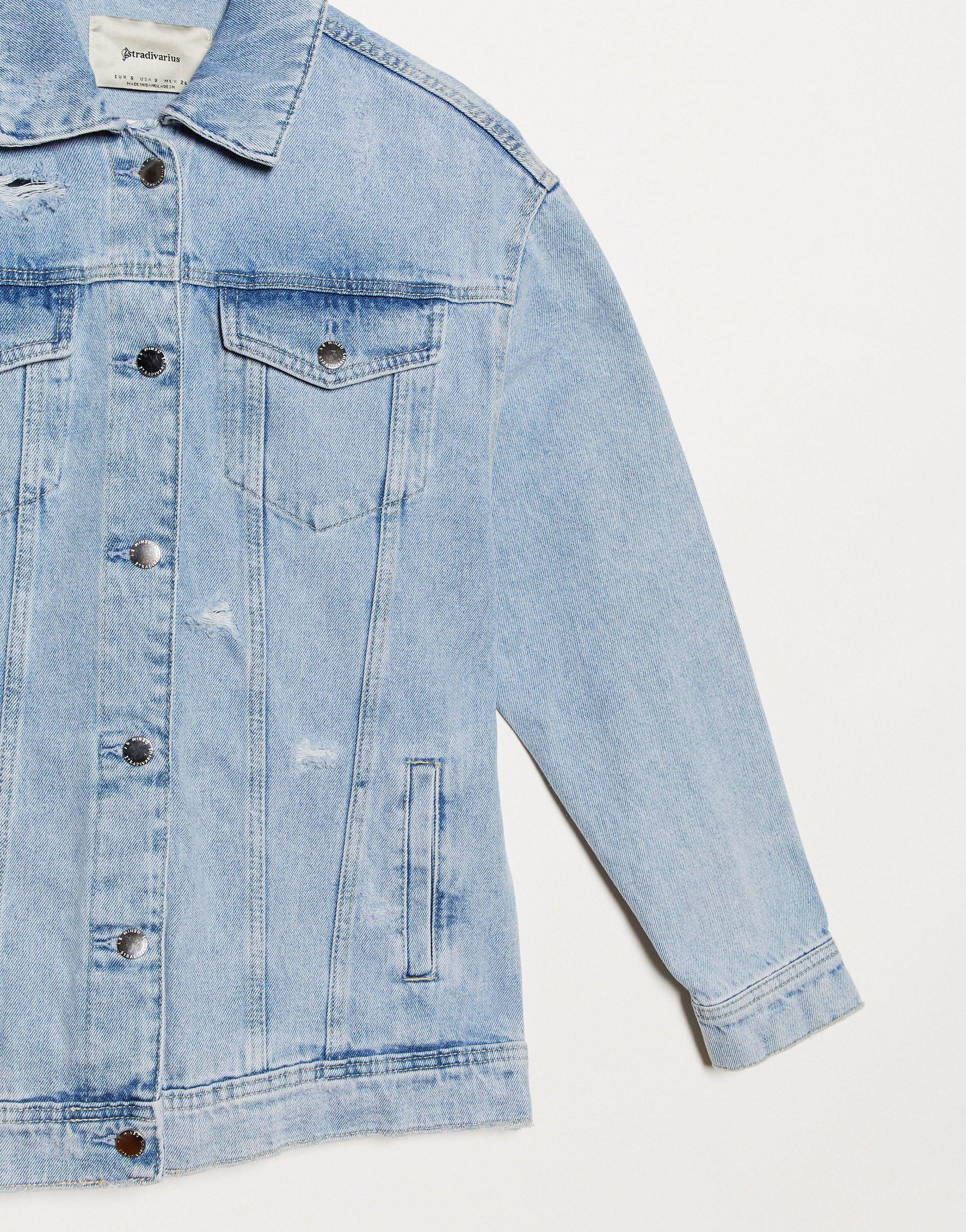 Stradivarius Oversized Denim Jacket With Rips, Bleached Pattern in Blue -  Lyst