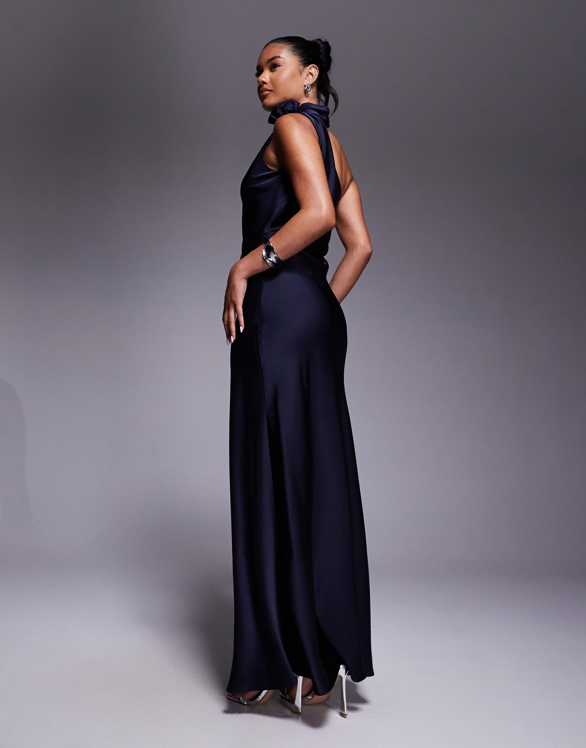 jarlo one shoulder maxi dress Jarlo One Shoulder Satin Maxi Dress With Corsage Neck Detail in Blue