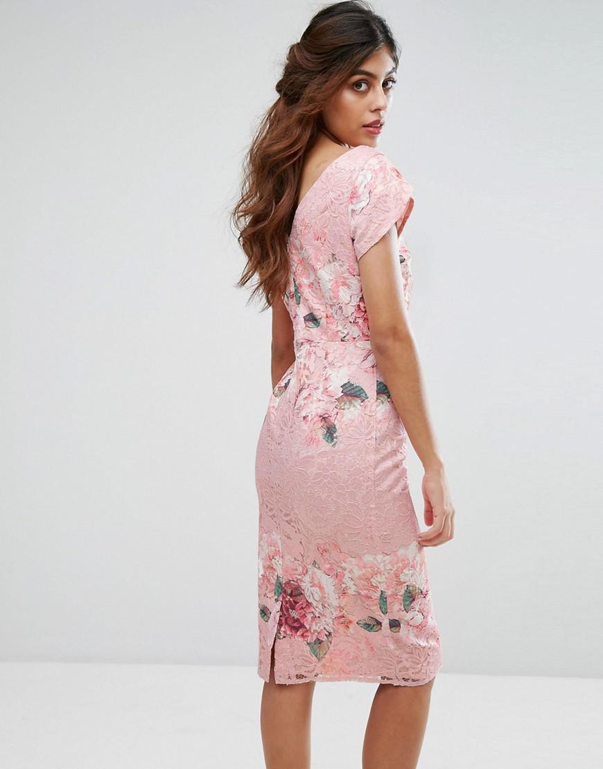 Little Mistress Lace Midi Pencil Dress In Floral in Pink | Lyst