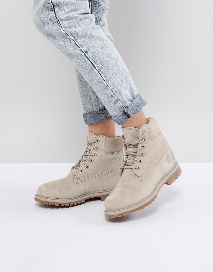 Timberland 6 Inch Premium Taupe Suede Flat Boots in Gray | Lyst