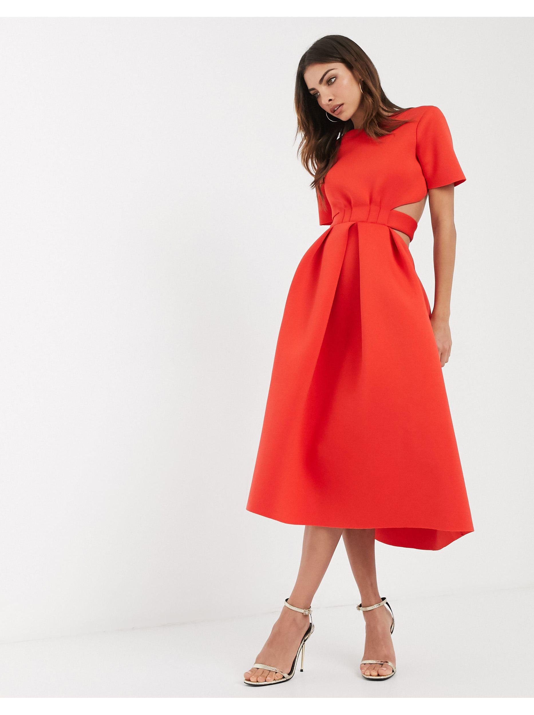 ASOS T-shirt Belted Cut Out Midi Skater Dress in Red | Lyst