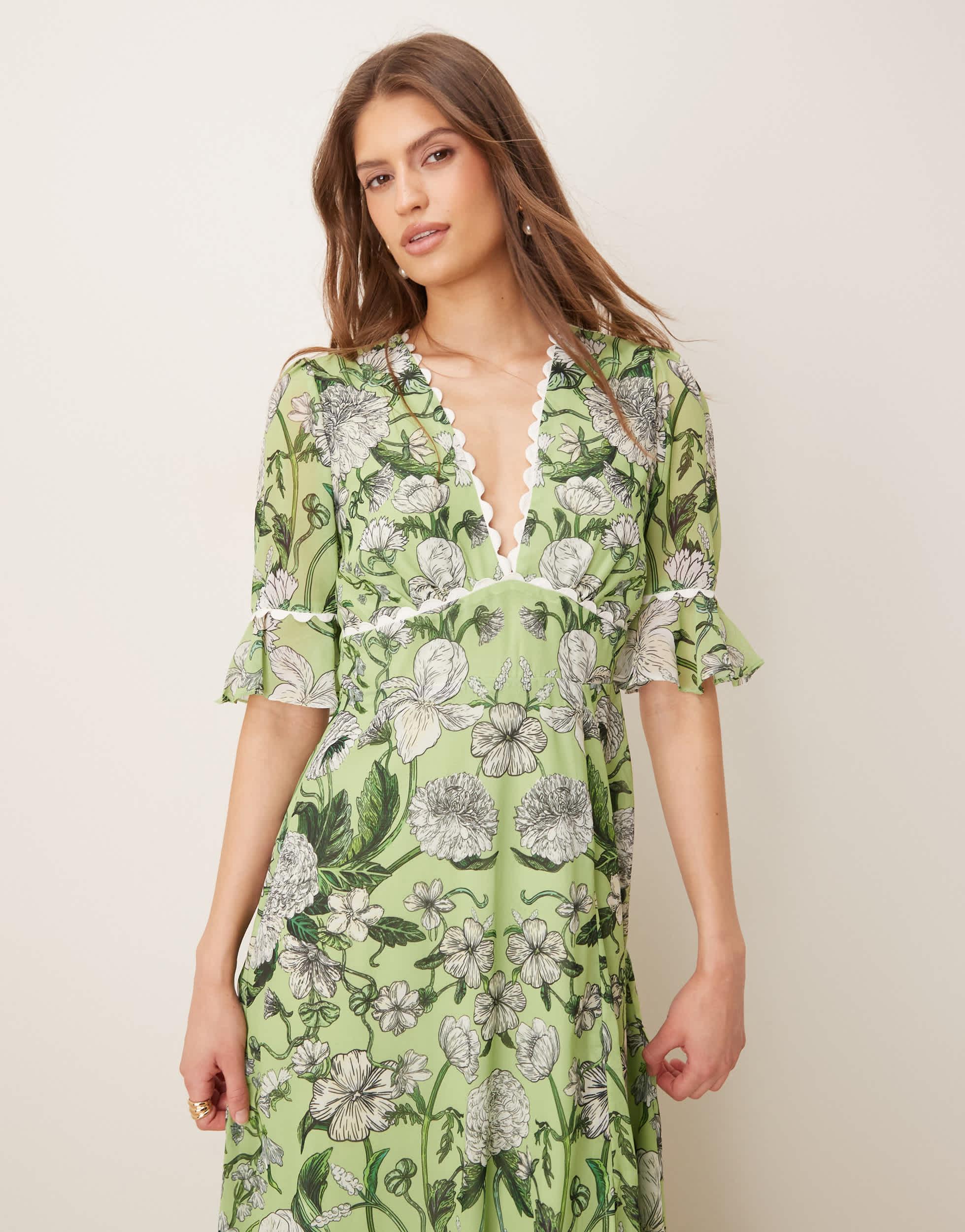 green plus size special occasion dresses Frill Sleeve Pleated Wrap Midi Dress, Green Floral – Jolie Moi Retail