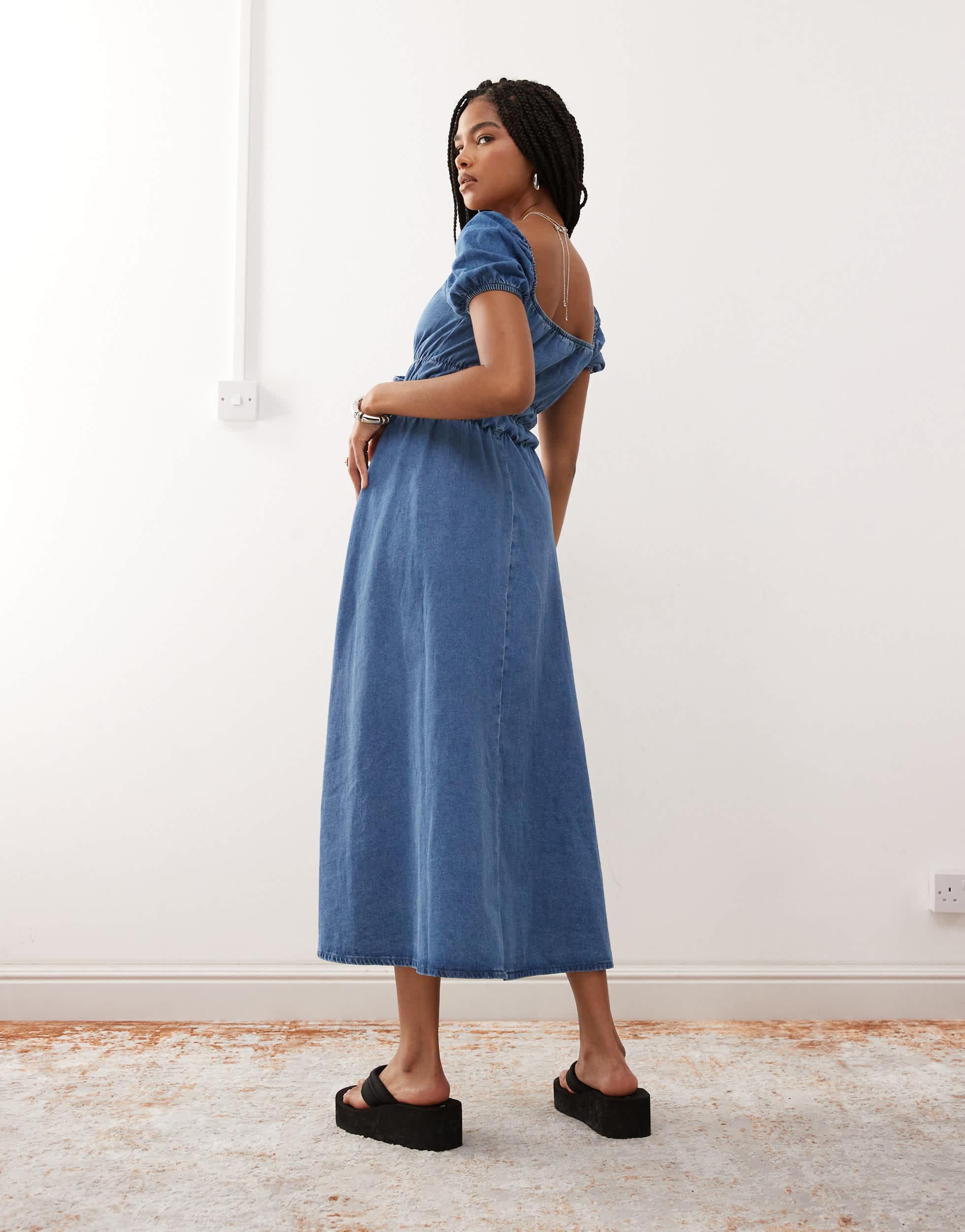 Reclaimed Vintage Chambray Denim Midi Dress With Shirring Details