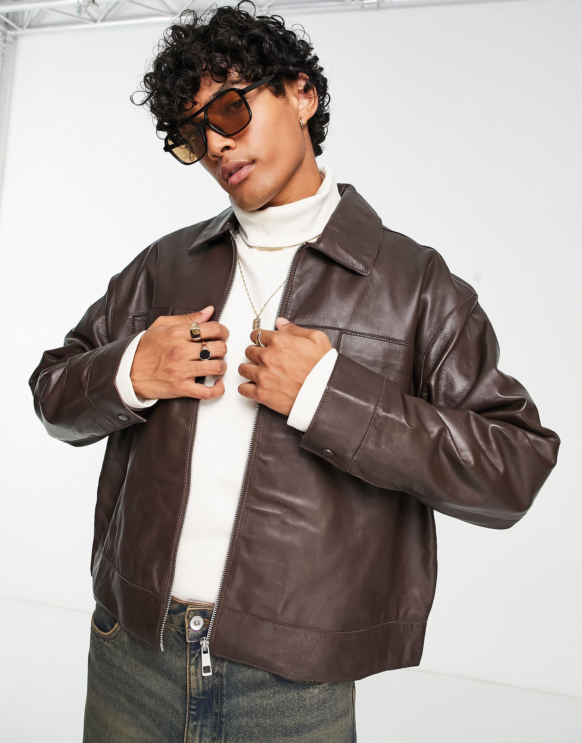 ASOS Oversized Cropped Real Leather Harrington Jacket in Black for Men |  Lyst