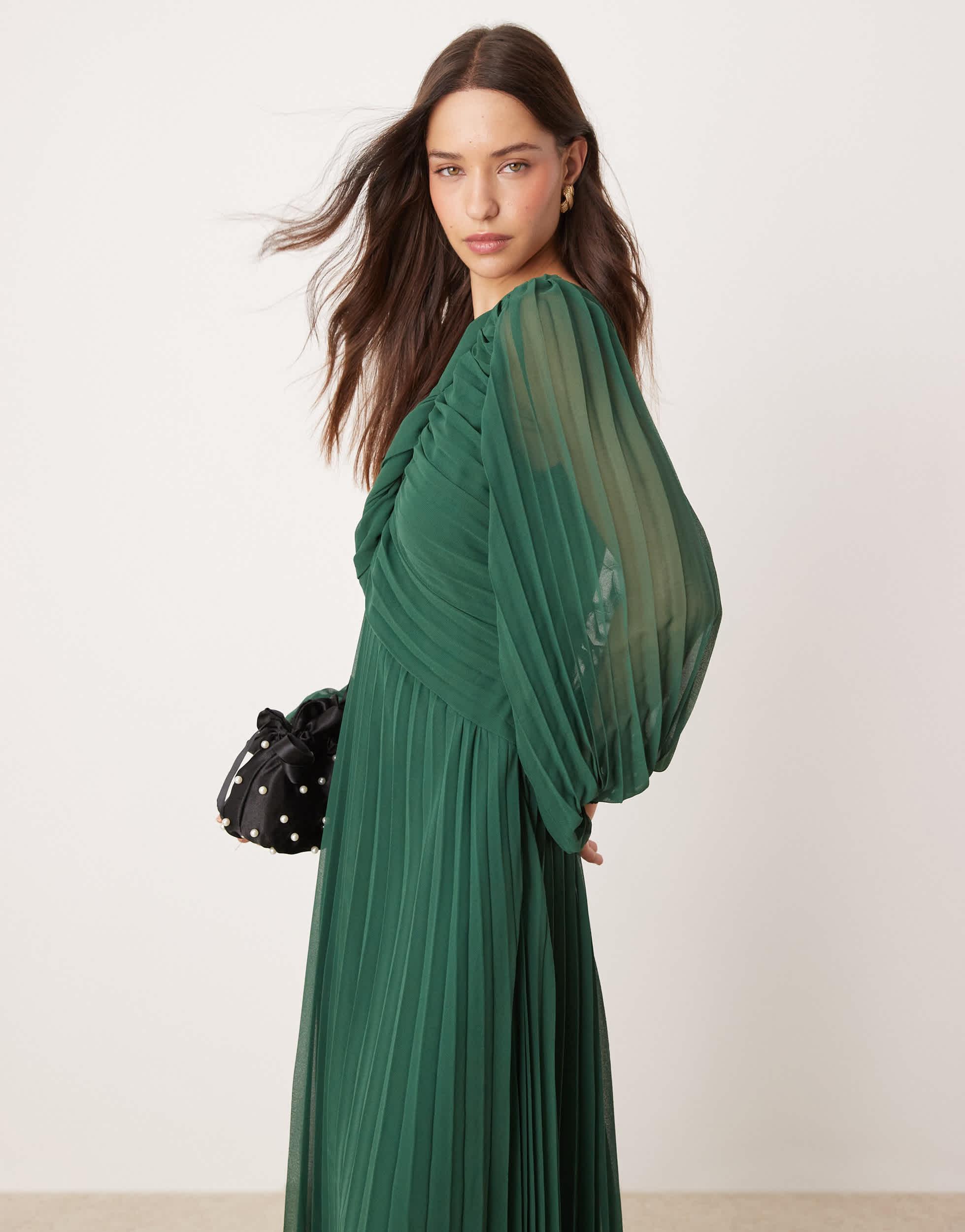 ASOS Twist Detail Wrap Front Pleated Midi Dress in Green